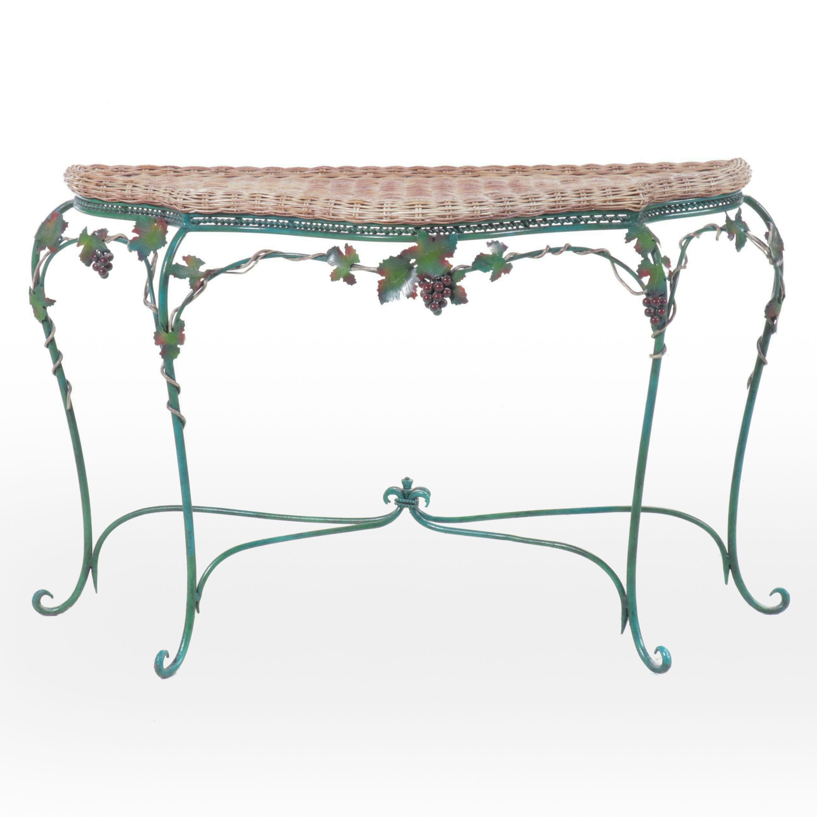 French Provincial Style Rattan and Wrought Iron Grapevine Console Table