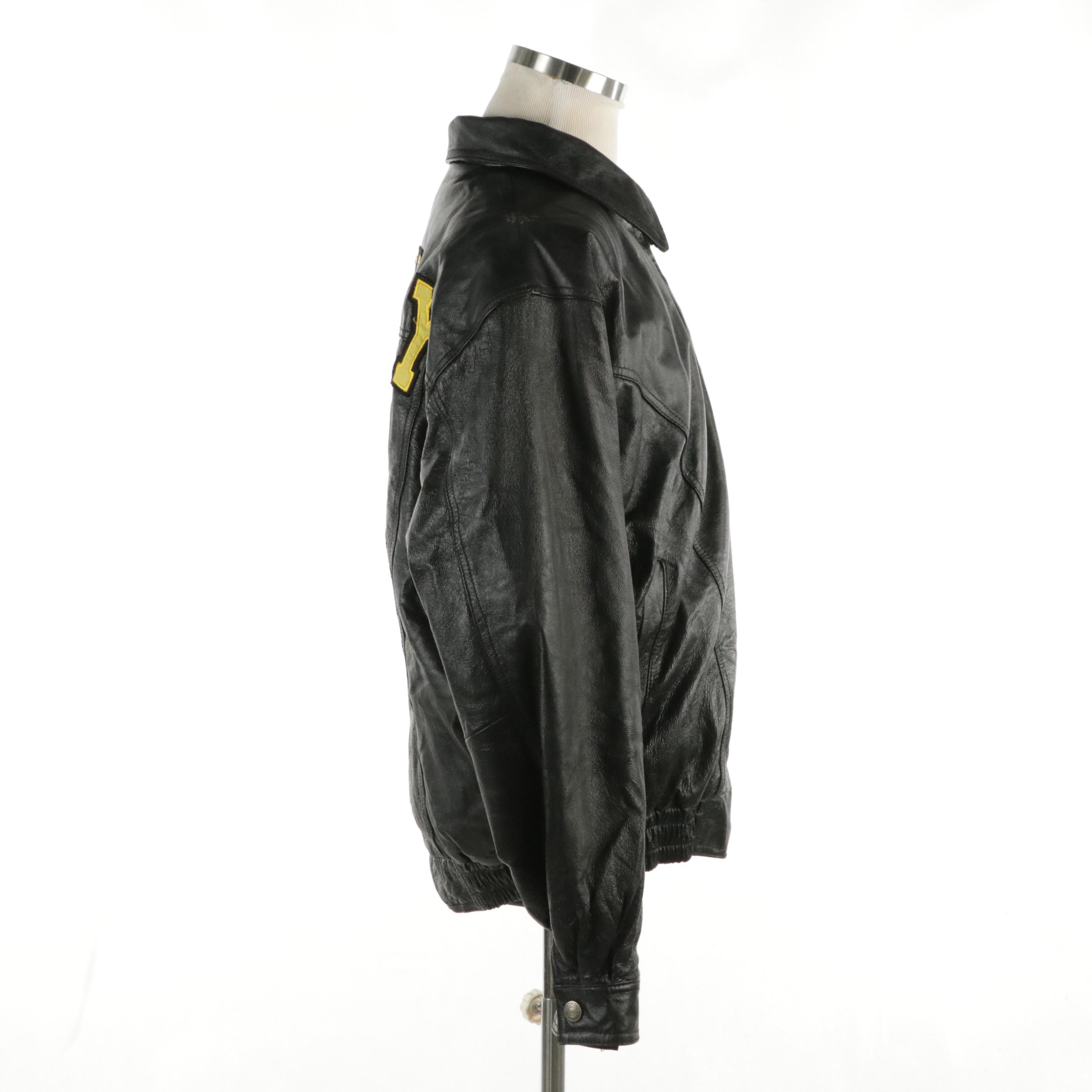 Men's Oscar Piel US Navy Patch Bomber Jacket in Black Leather