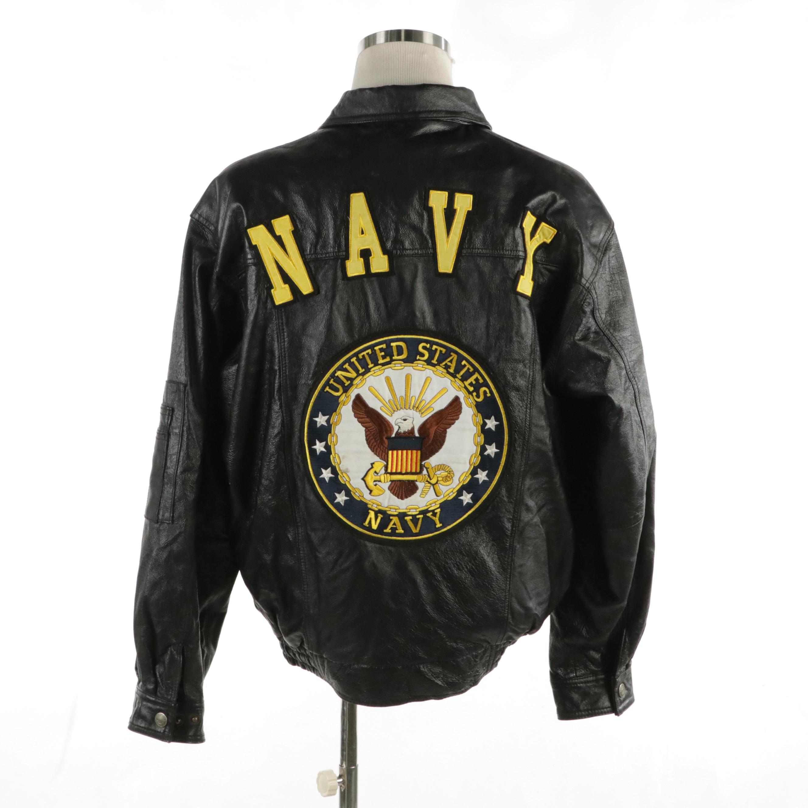 Men's Oscar Piel US Navy Patch Bomber Jacket in Black Leather