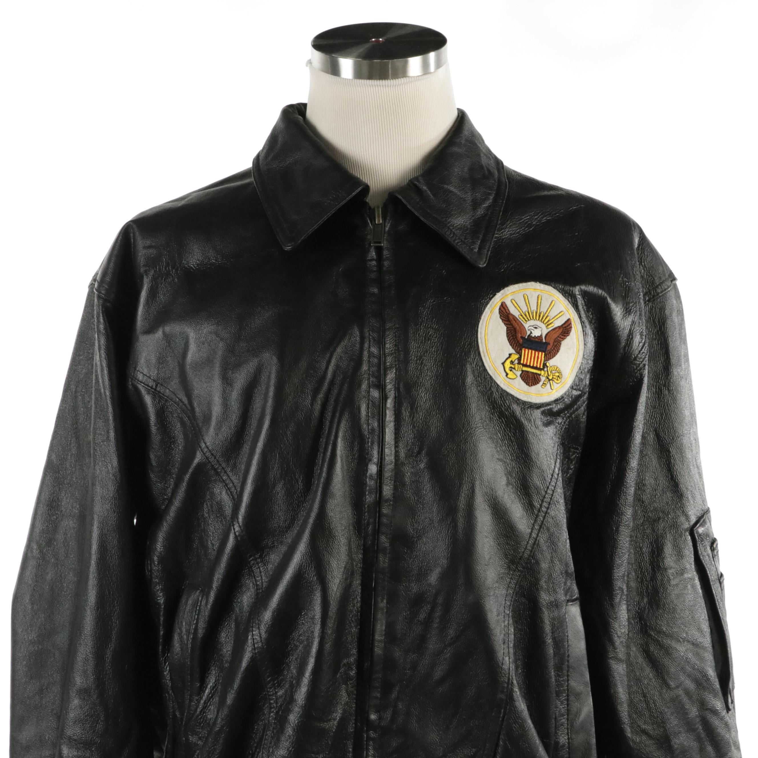 Men's Oscar Piel US Navy Patch Bomber Jacket in Black Leather