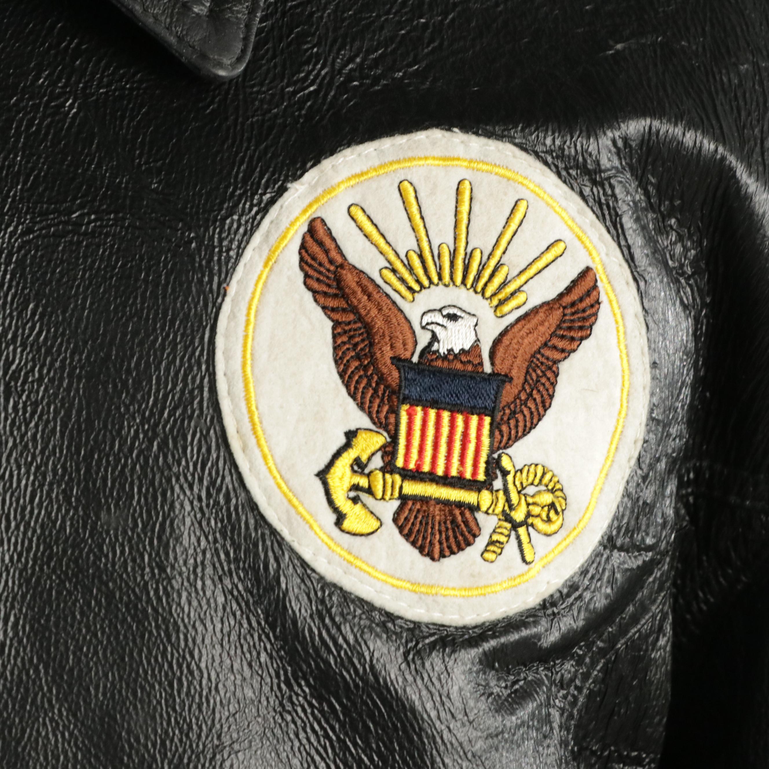 Men's Oscar Piel US Navy Patch Bomber Jacket in Black Leather