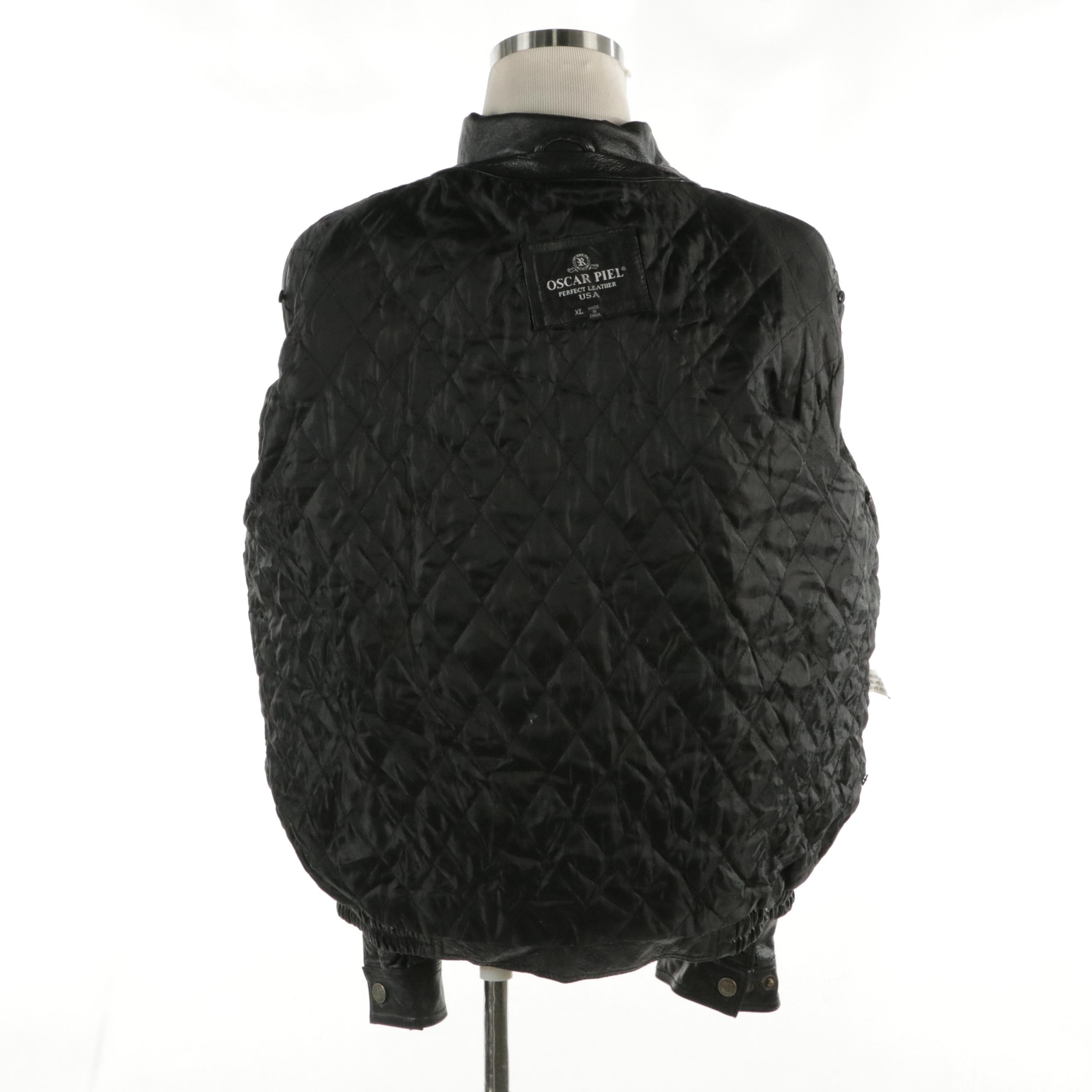 Men's Oscar Piel US Navy Patch Bomber Jacket in Black Leather