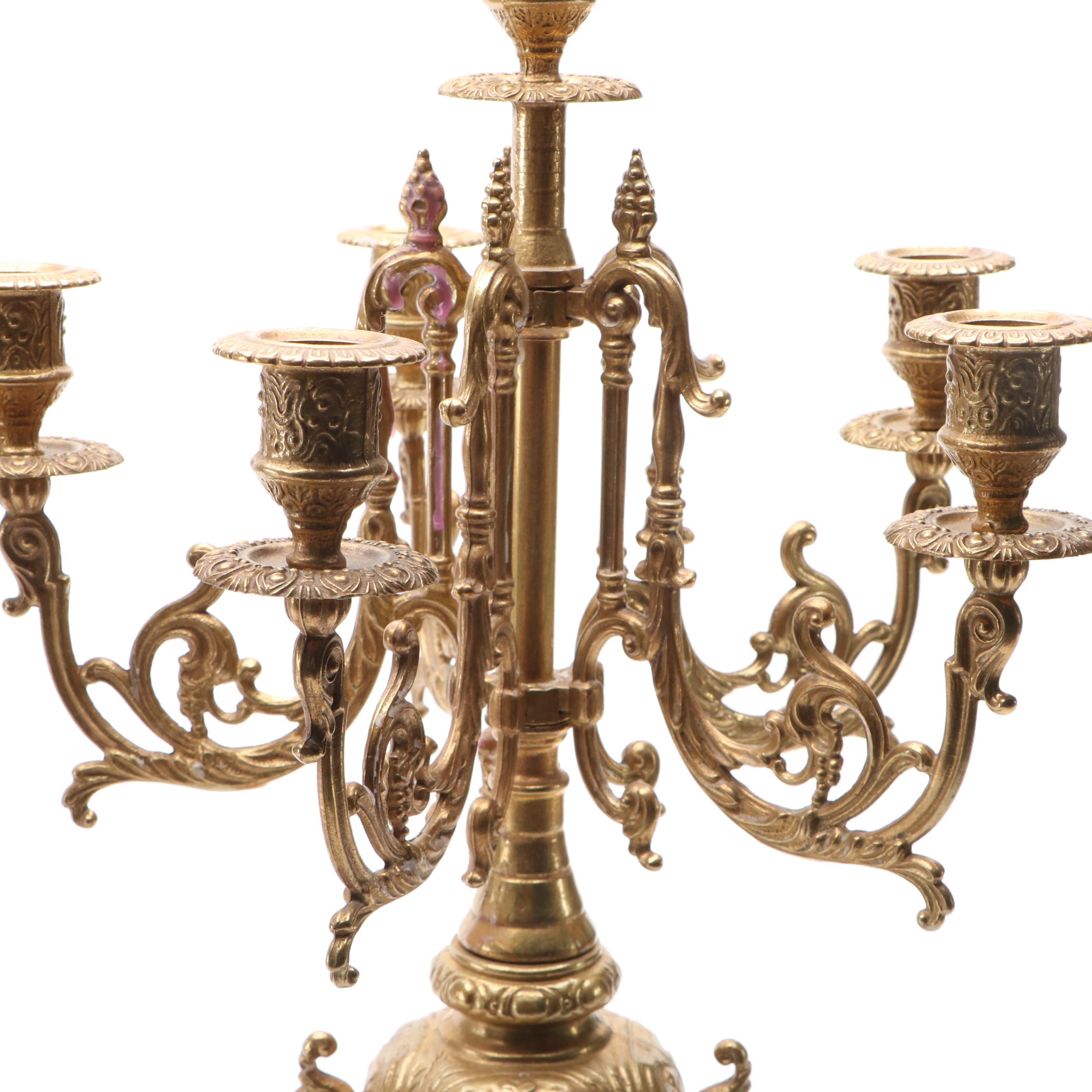 Pair of Louis XIV Style Cast Brass Six-Arm Candelabra
