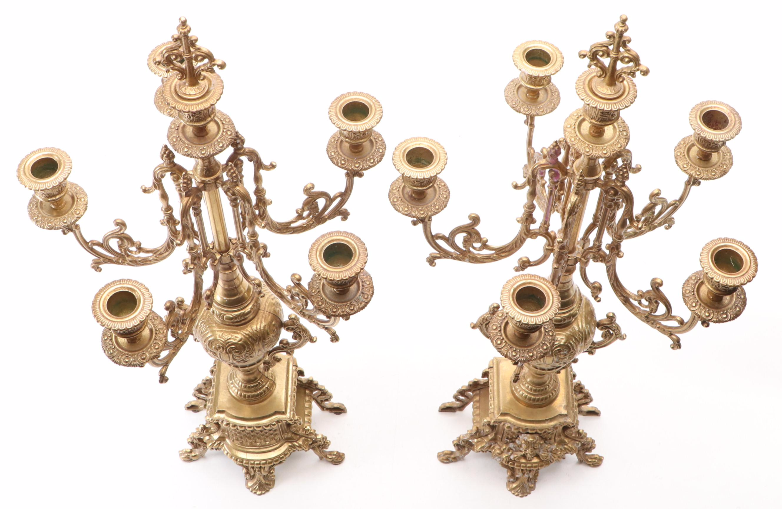 Pair of Louis XIV Style Cast Brass Six-Arm Candelabra