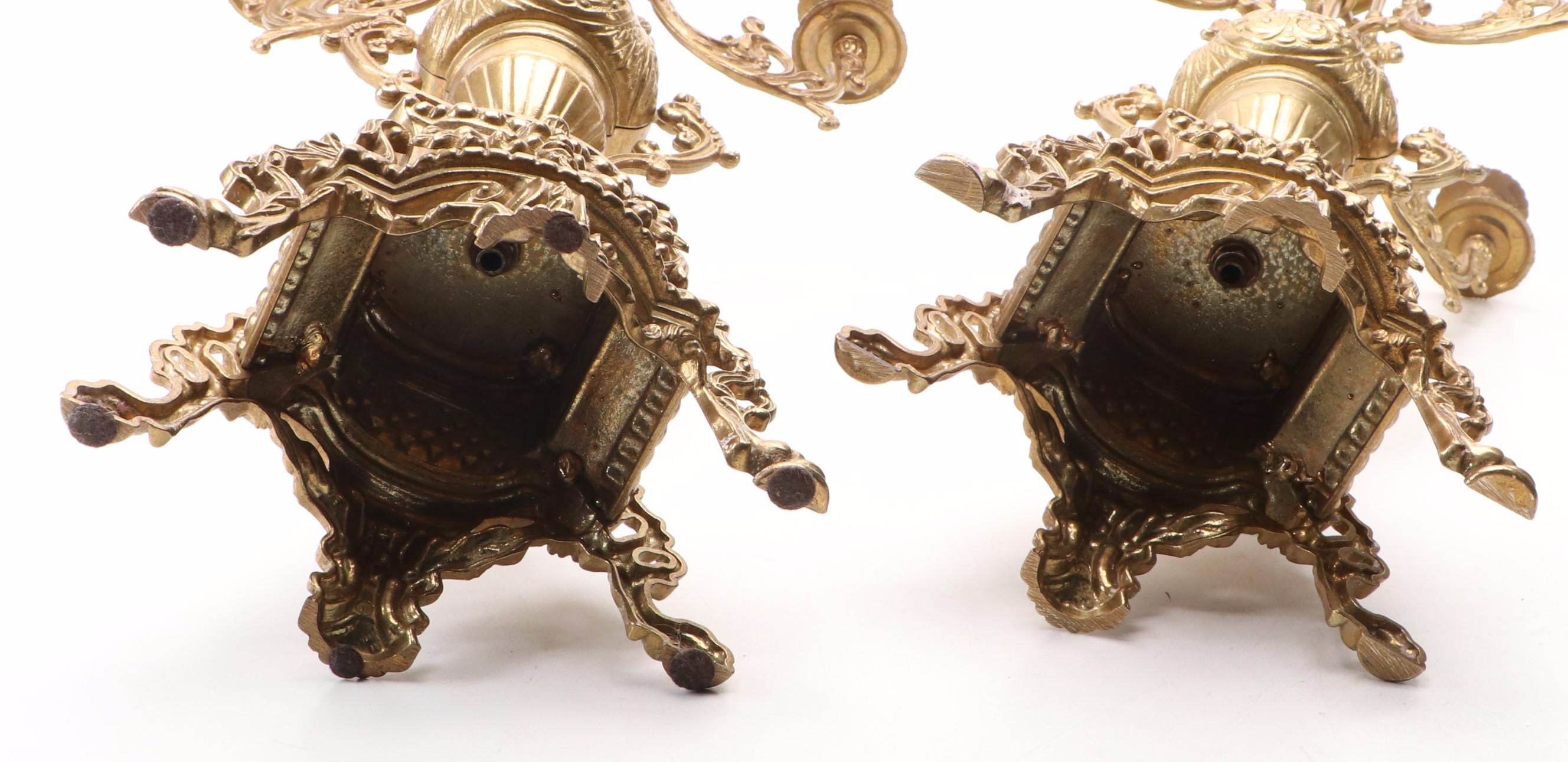 Pair of Louis XIV Style Cast Brass Six-Arm Candelabra