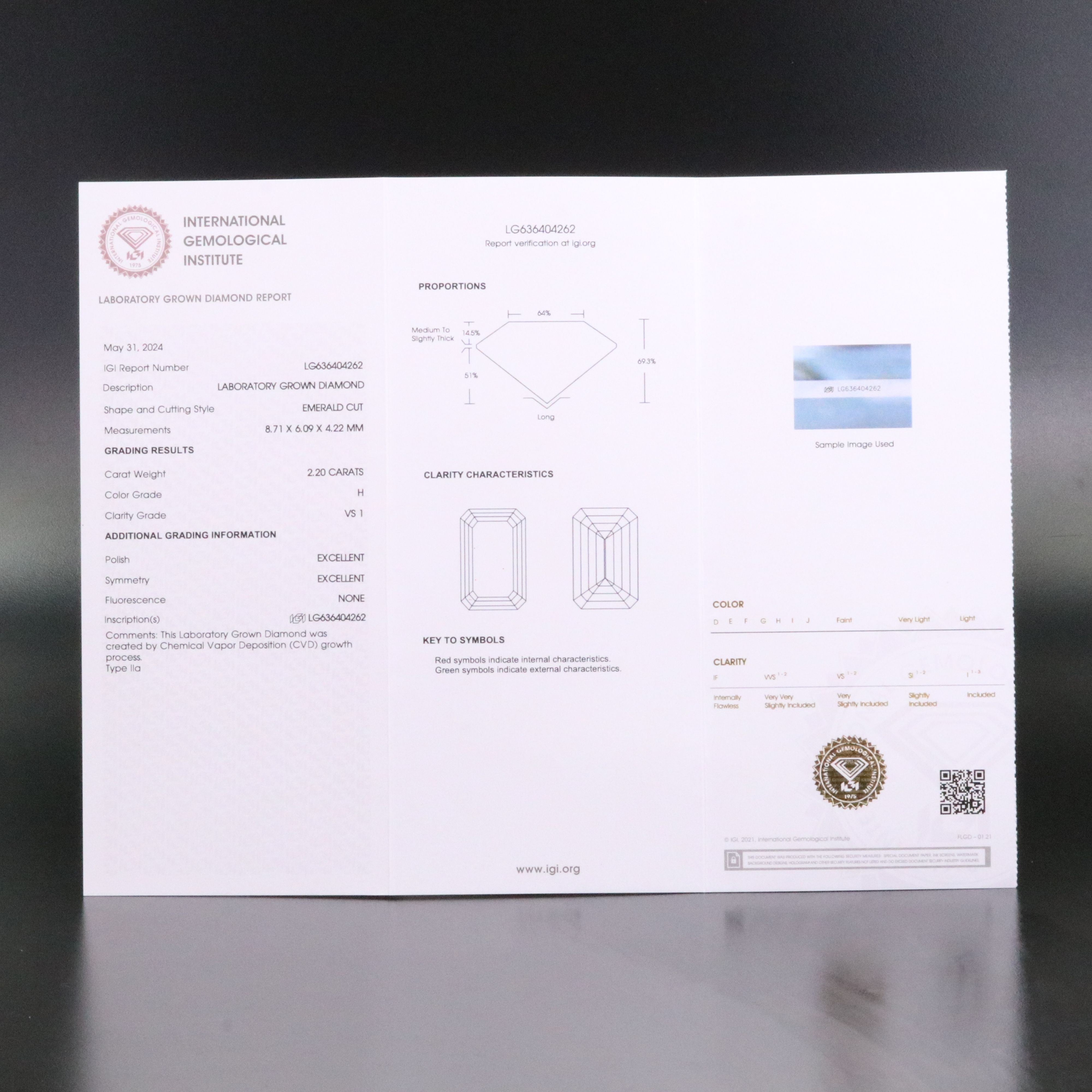 Loose 2.2 CT Lab Grown Diamond with IGI Report