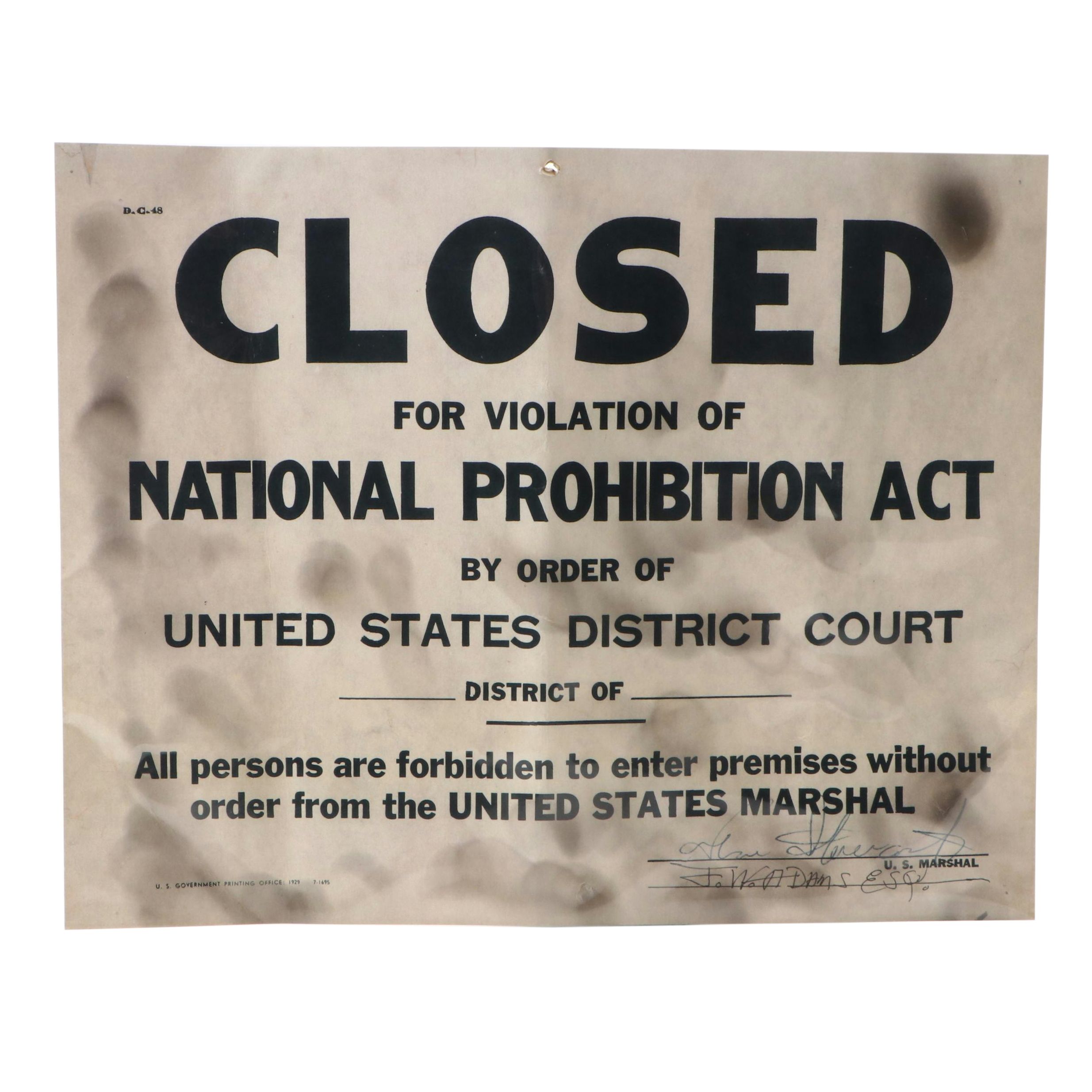 "Closed for Violation of National Prohibition Act" Paper Sign