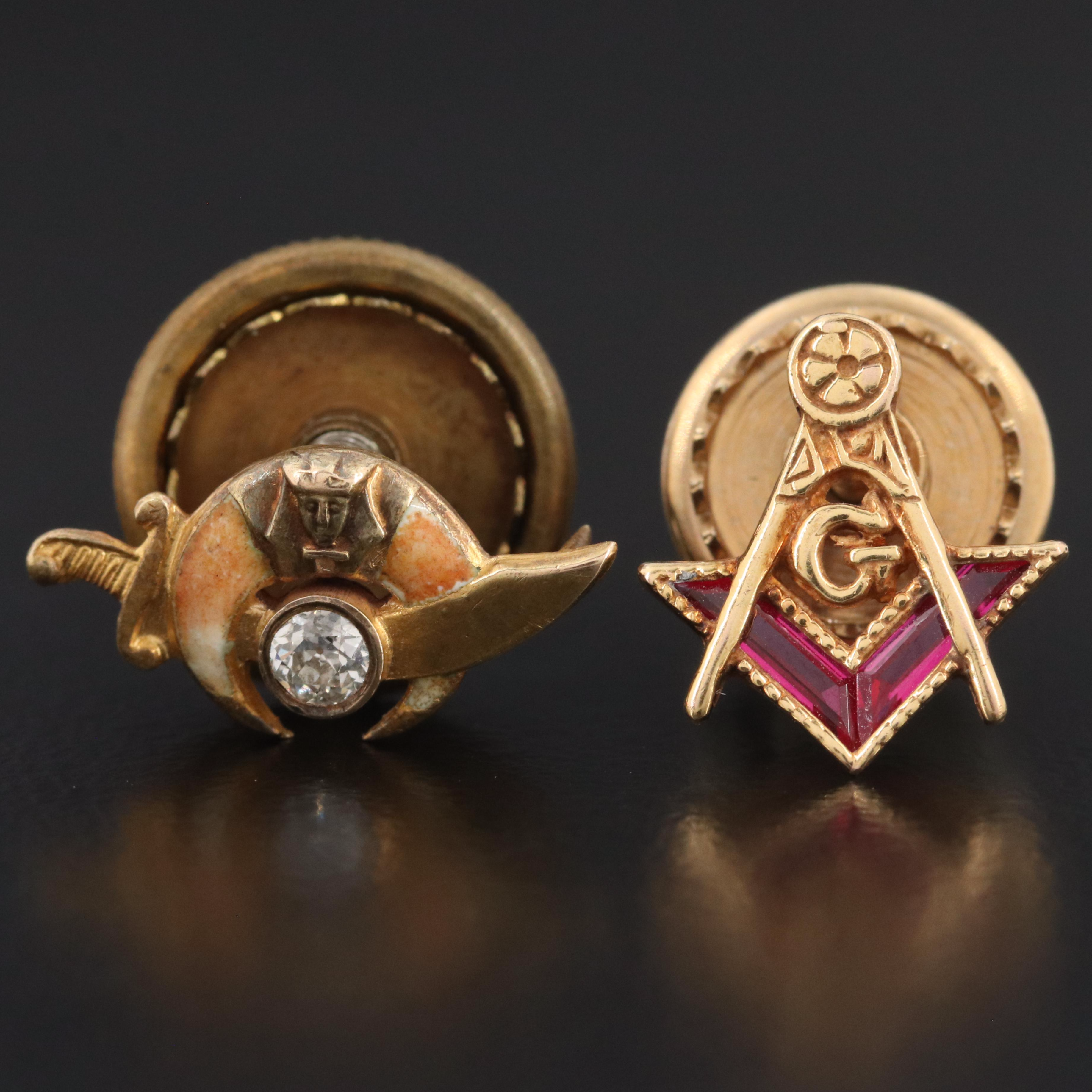 Riker Bros. 14K Diamond and Ruby Shriner and Masonic Lapel Pins