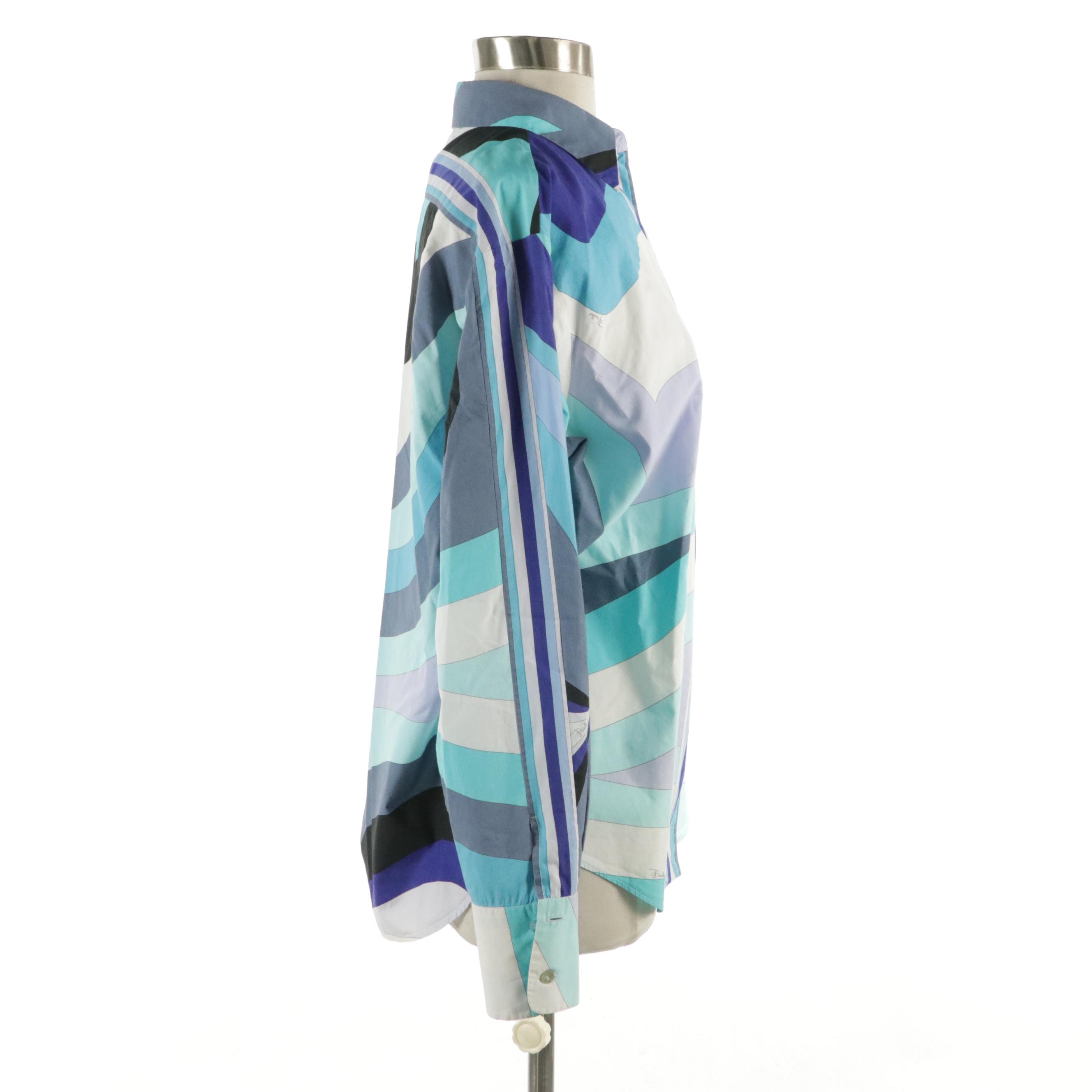 Emilio Pucci Blue Cotton Button-Up Blouse, 2000s