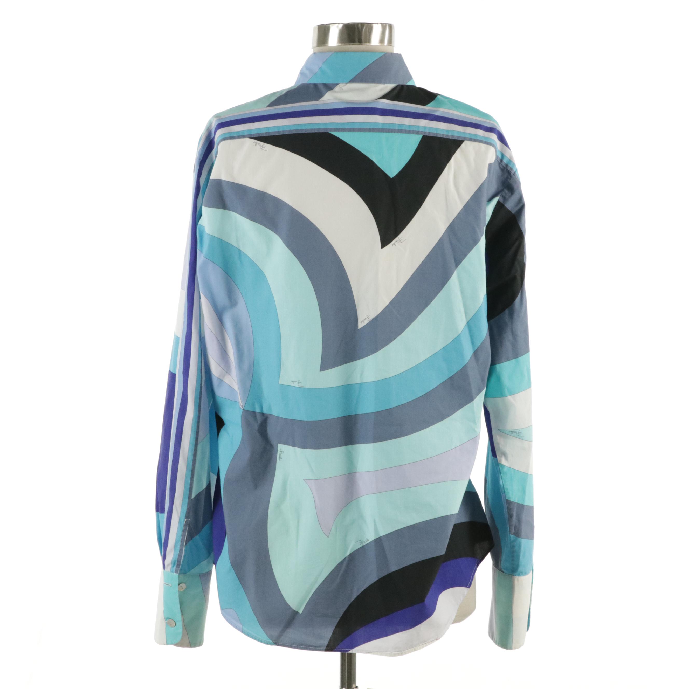 Emilio Pucci Blue Cotton Button-Up Blouse, 2000s