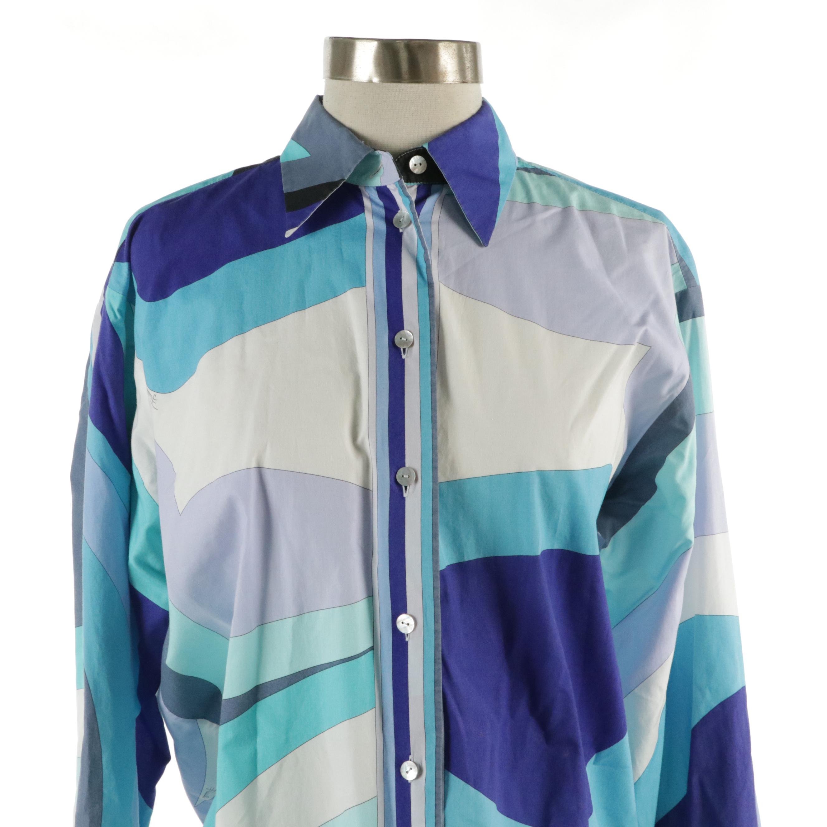 Emilio Pucci Blue Cotton Button-Up Blouse, 2000s