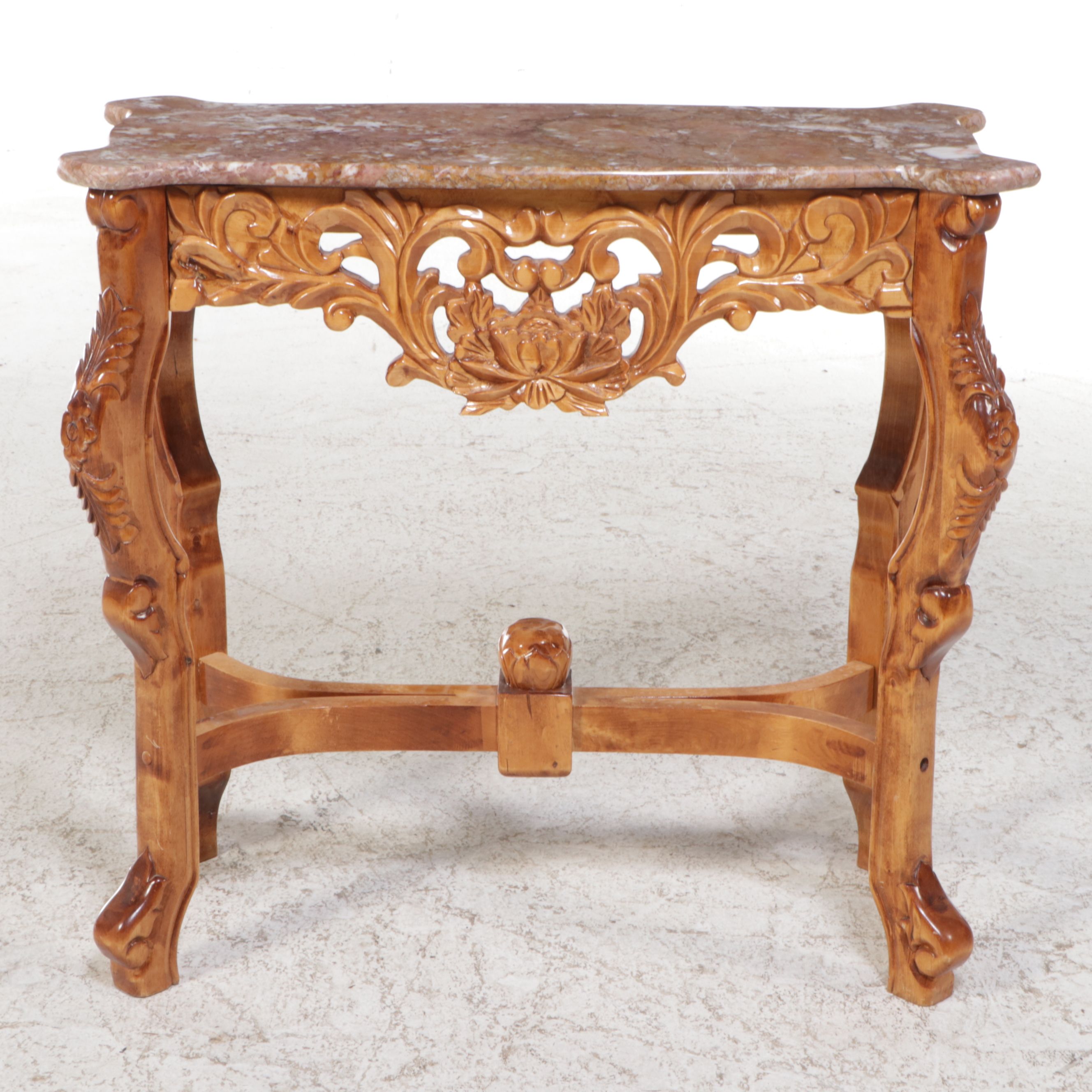 Rococo Style Carved Wood Console Table with Pink Marble Top