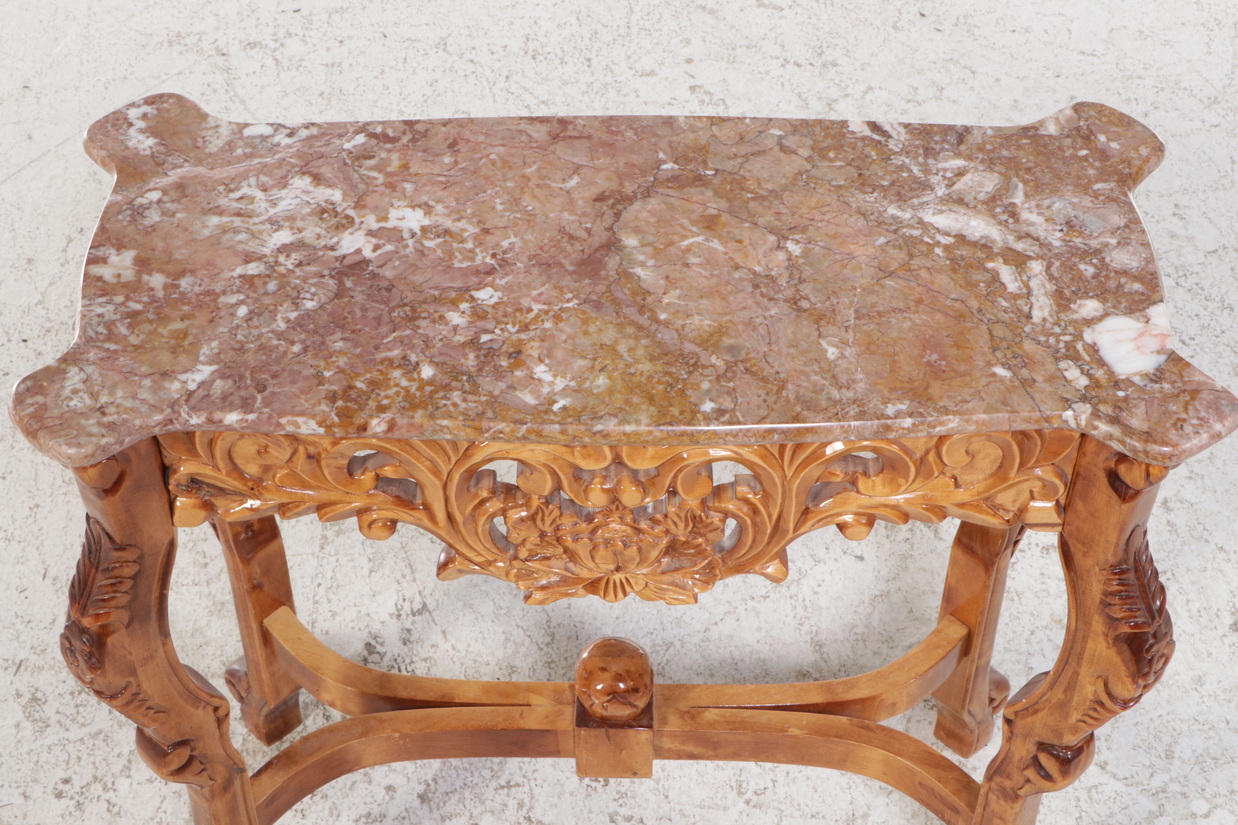 Rococo Style Carved Wood Console Table with Pink Marble Top