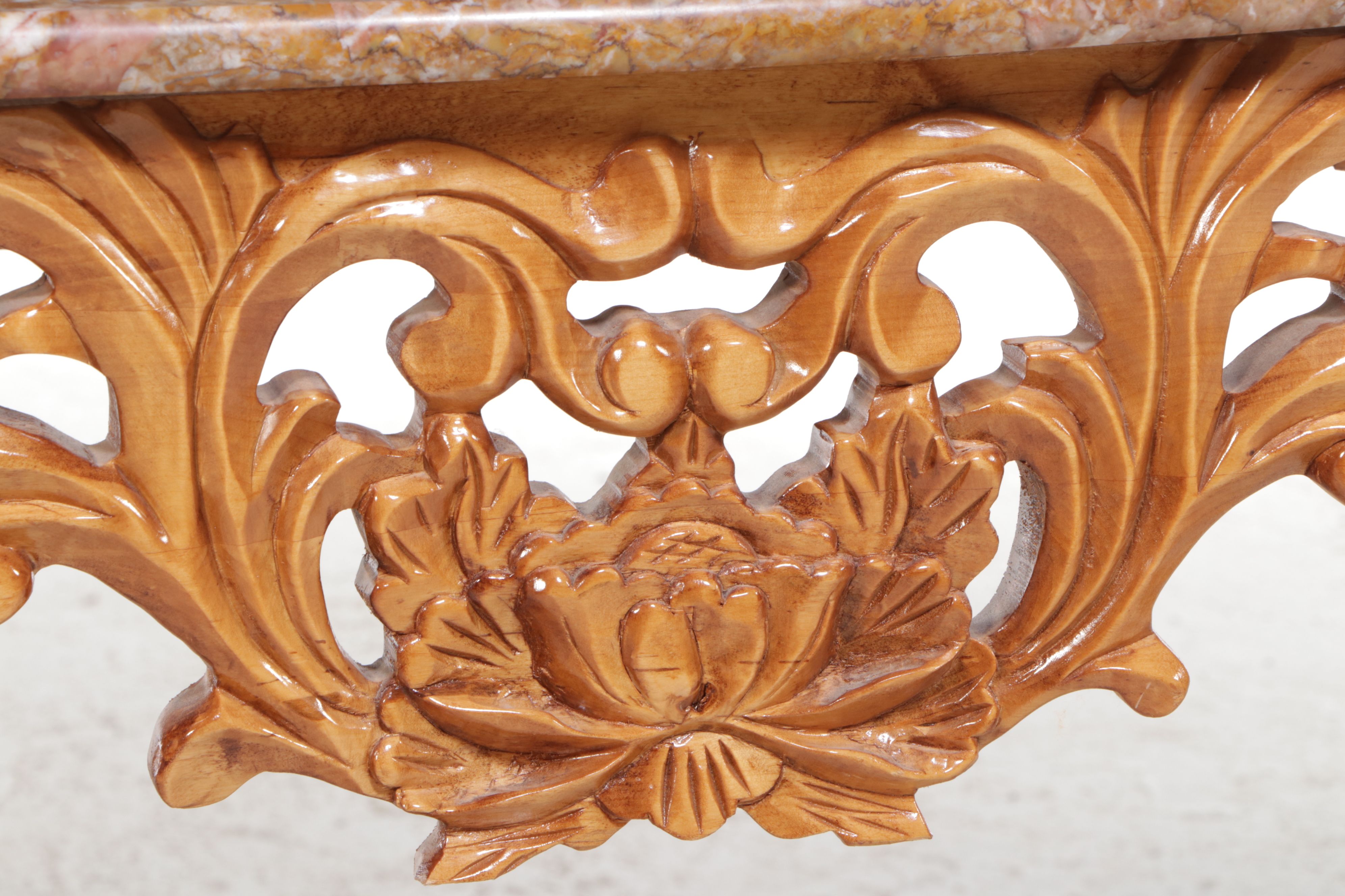 Rococo Style Carved Wood Console Table with Pink Marble Top