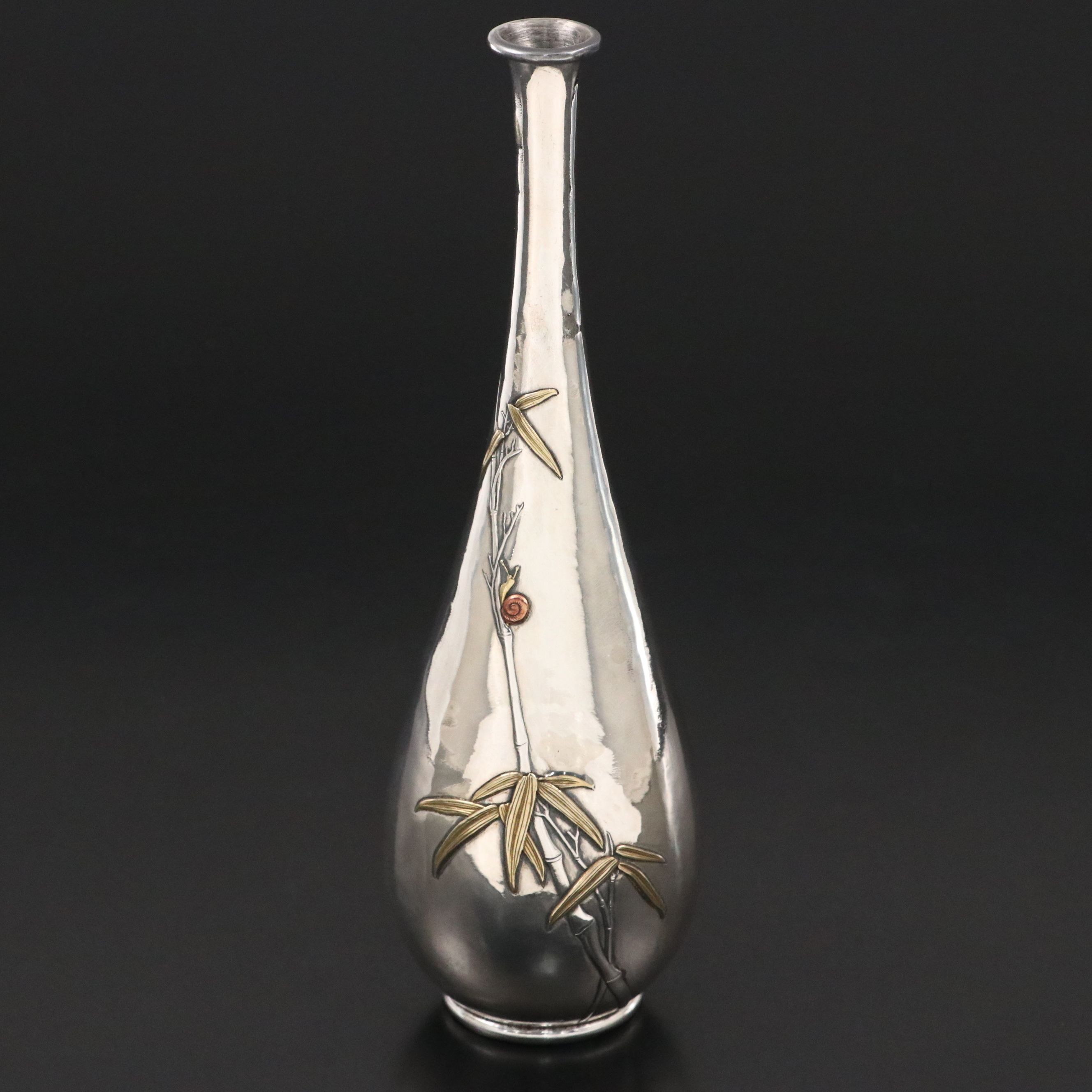 Japanese Sterling Silver Bud Vase with Applied Copper and Brass Accents