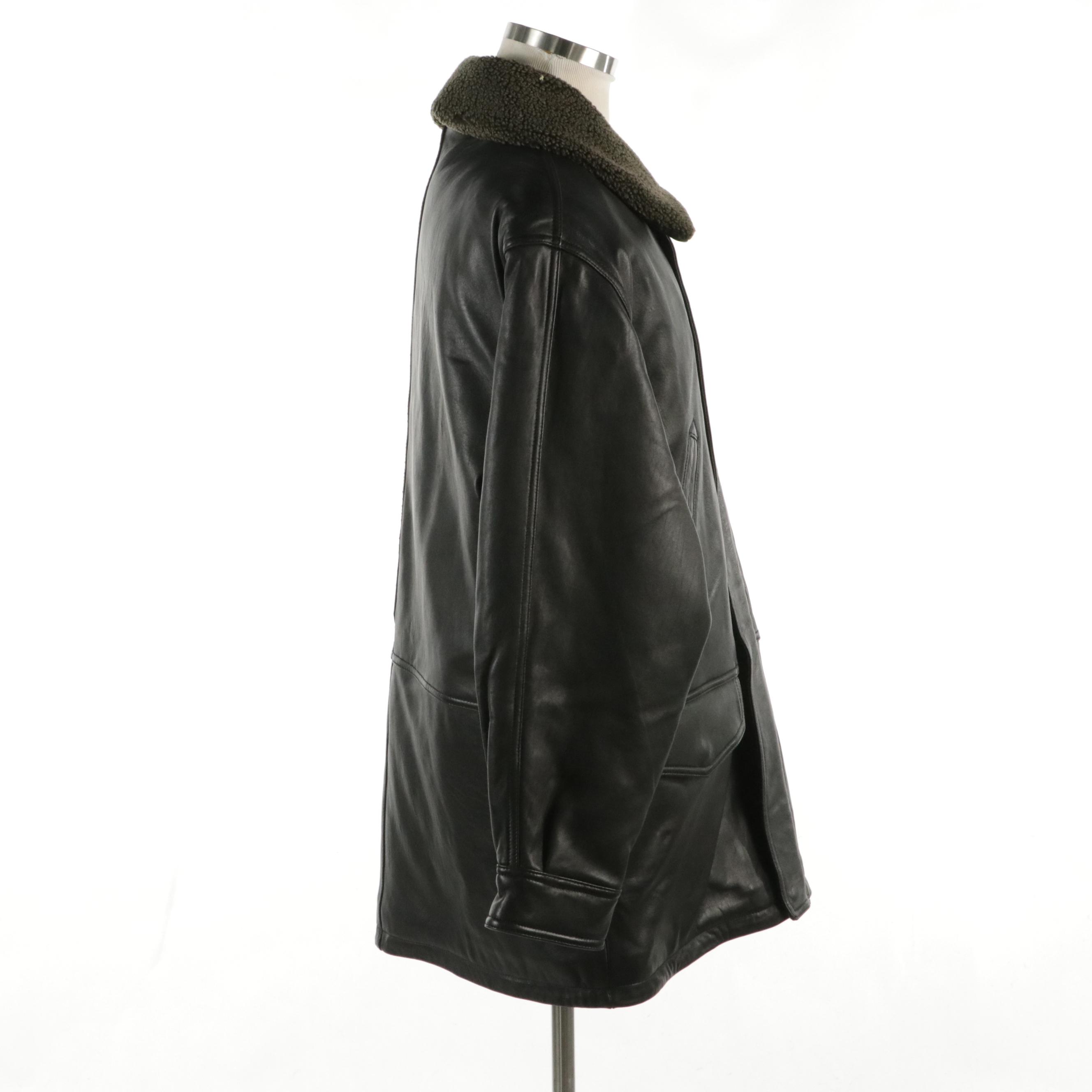 Men's Roundtree & Yorke Black Lambskin Leather Coat with Detachable Collar