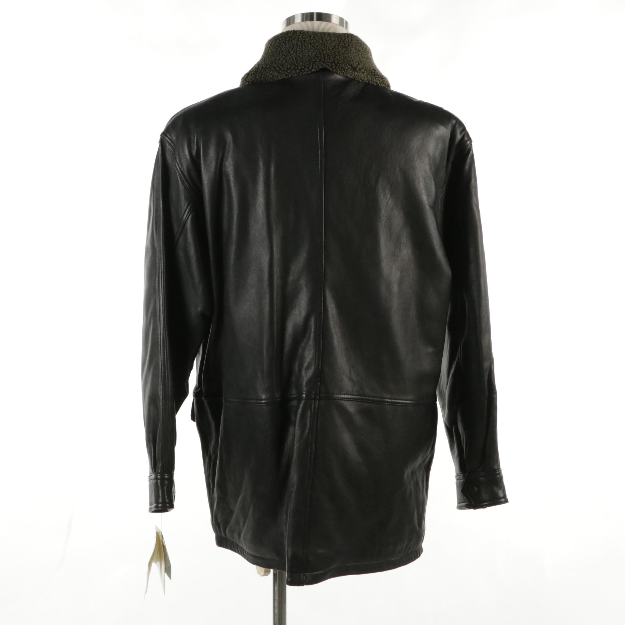 Men's Roundtree & Yorke Black Lambskin Leather Coat with Detachable Collar