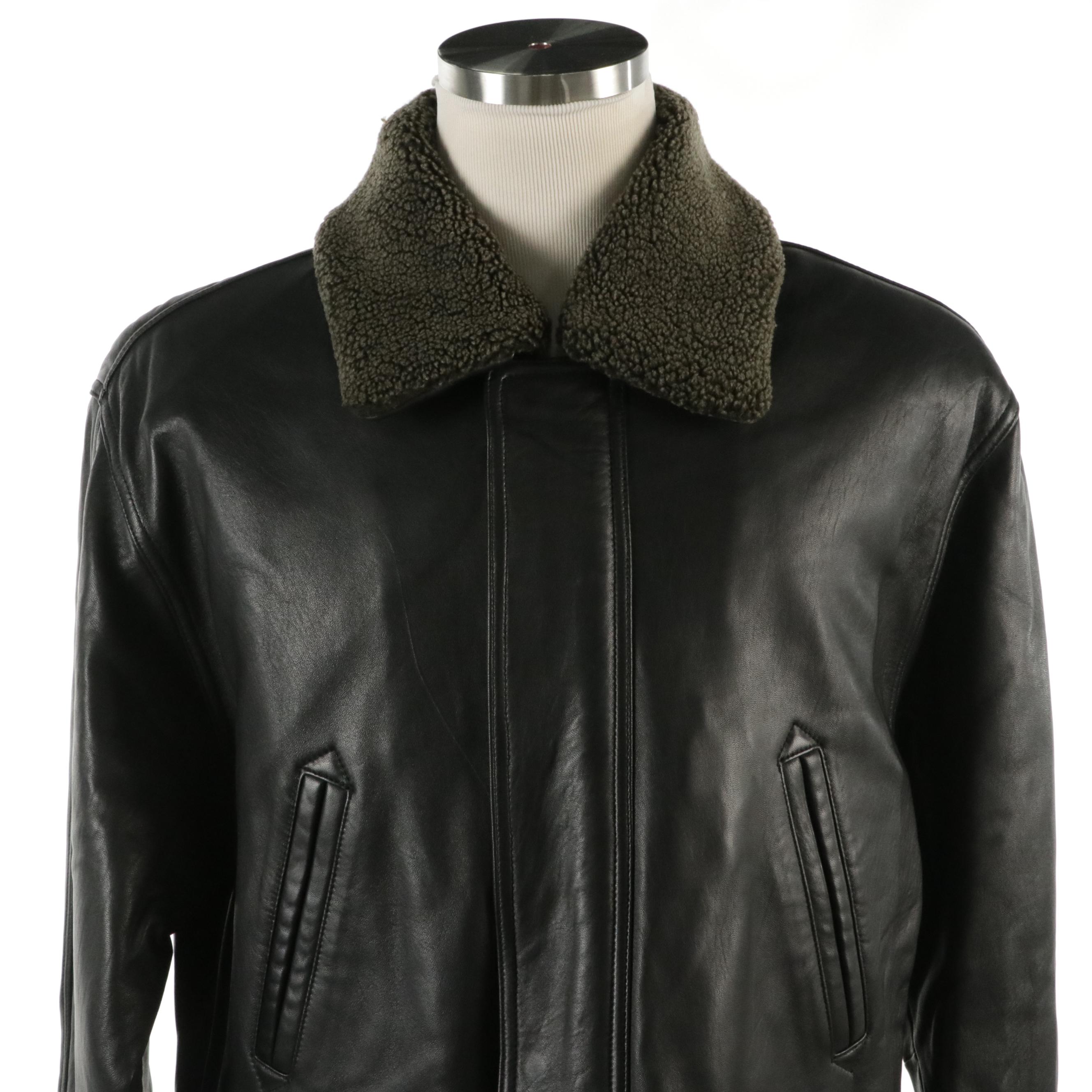 Men's Roundtree & Yorke Black Lambskin Leather Coat with Detachable Collar