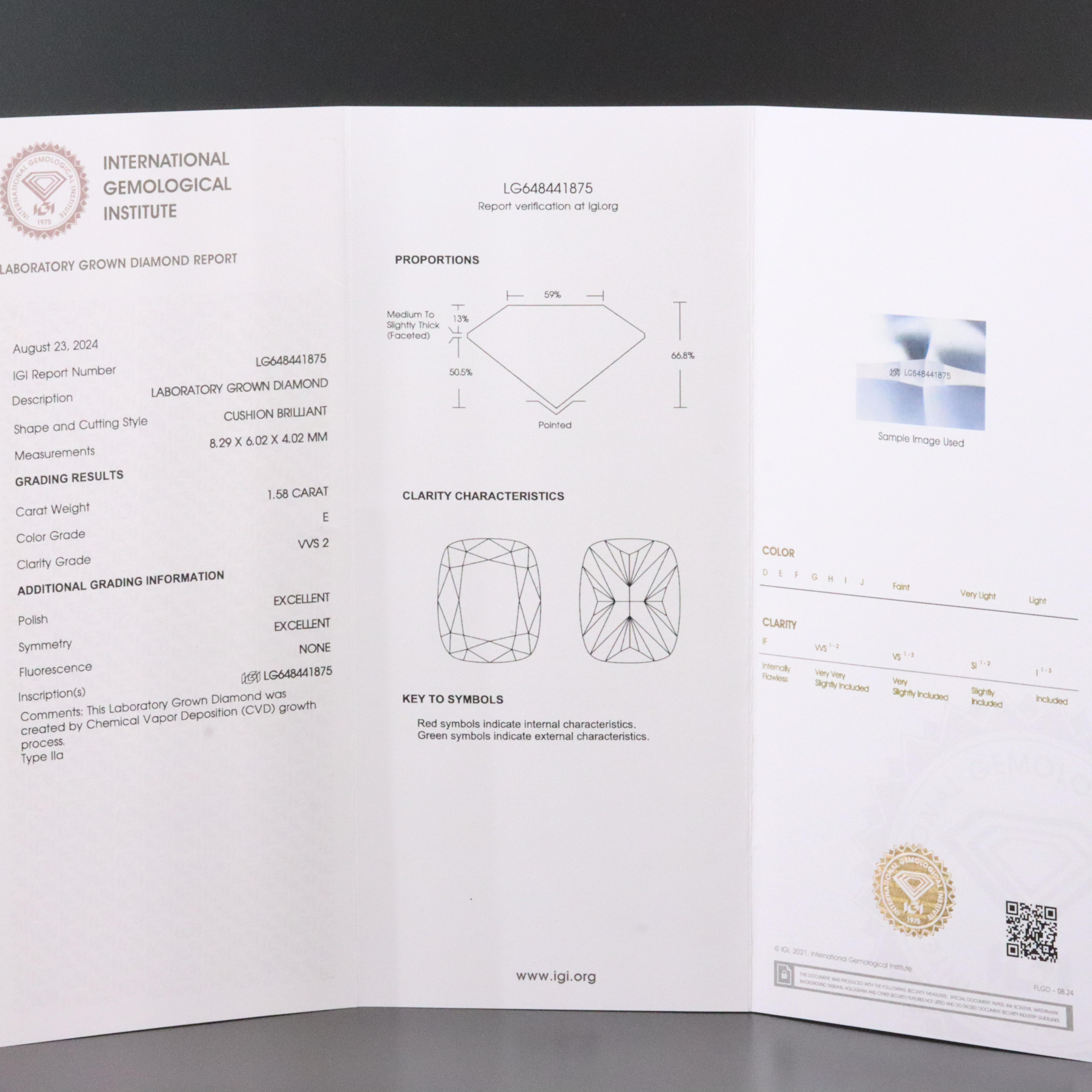 Loose 1.58 CT Lab Grown Diamond with IGI Report