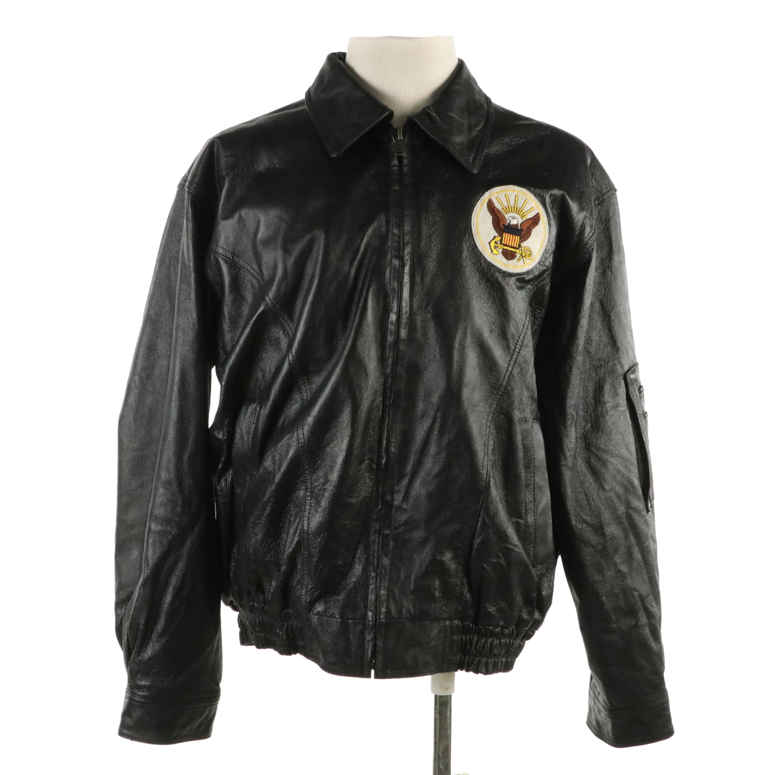 Men's Oscar Piel US Navy Patch Bomber Jacket in Black Leather