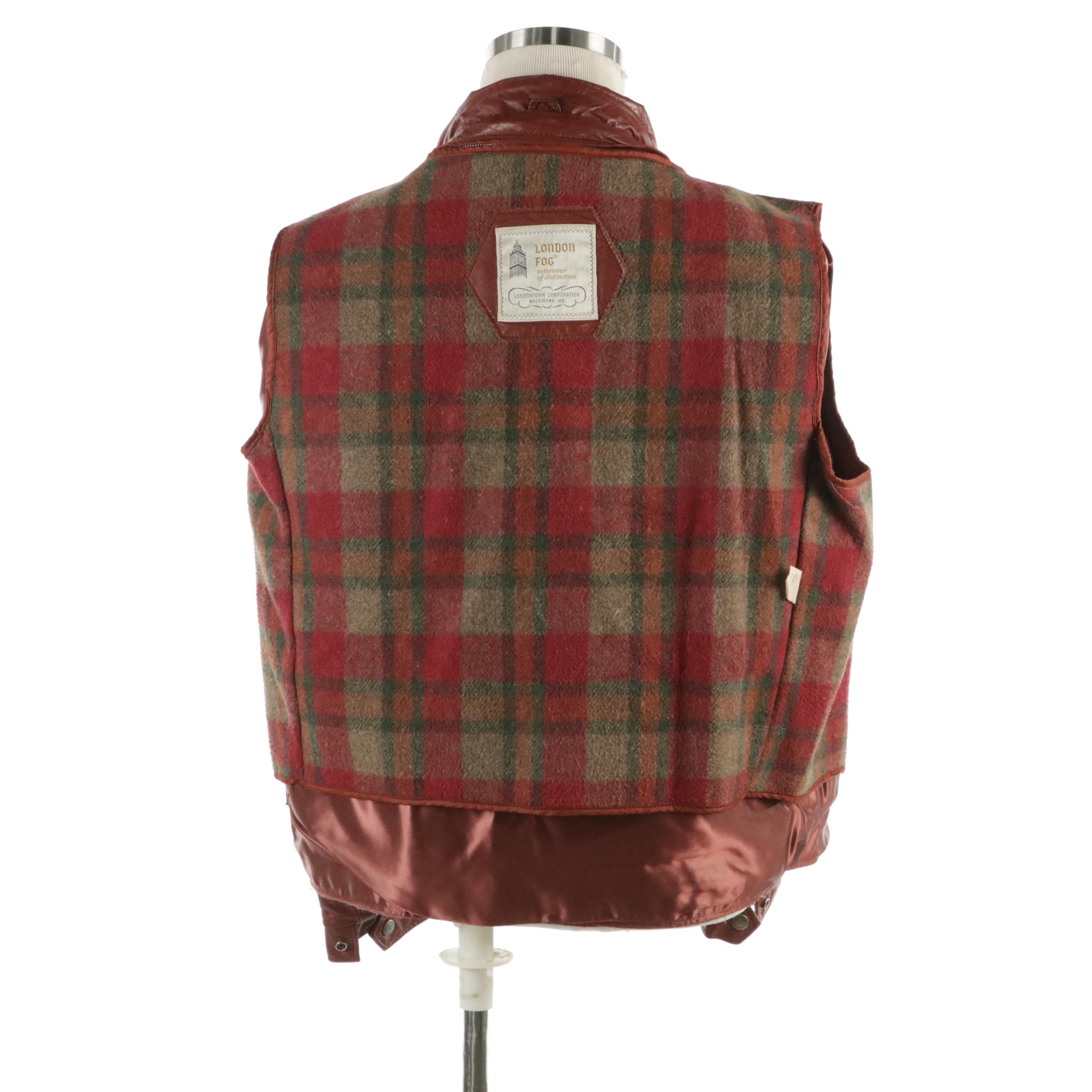 Men's London Fog Leather Zip Jacket with Wool Blend Plaid Detachable Lining