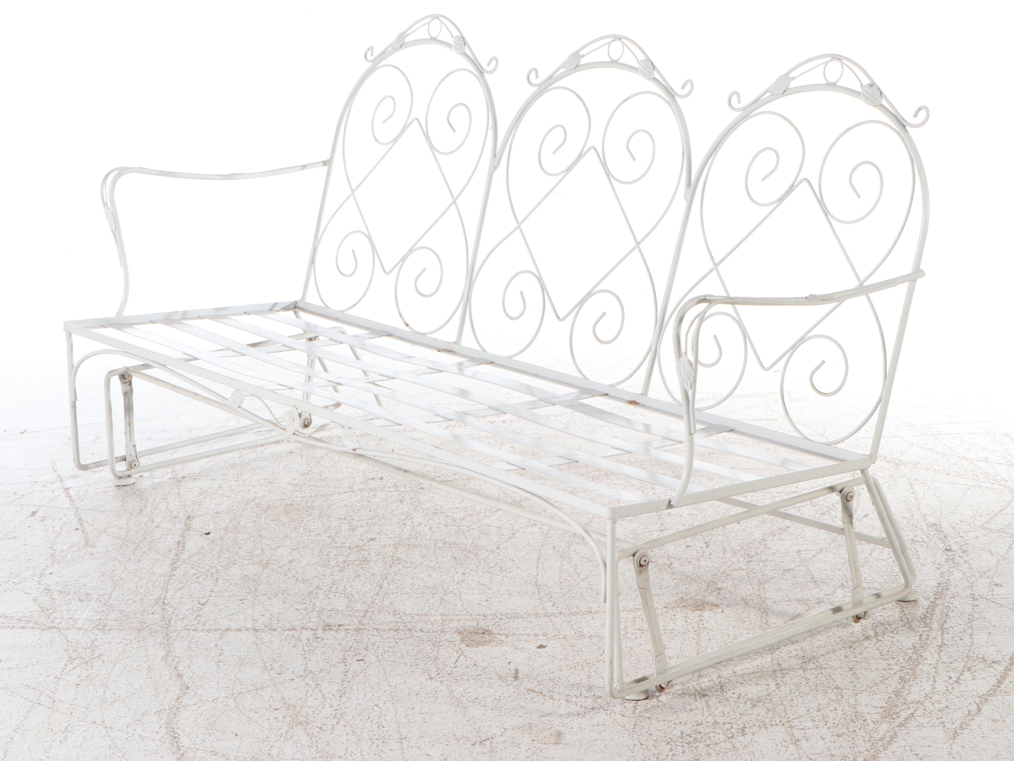 White-Painted Wrought Iron Patio Glider and Glass Top Side Table