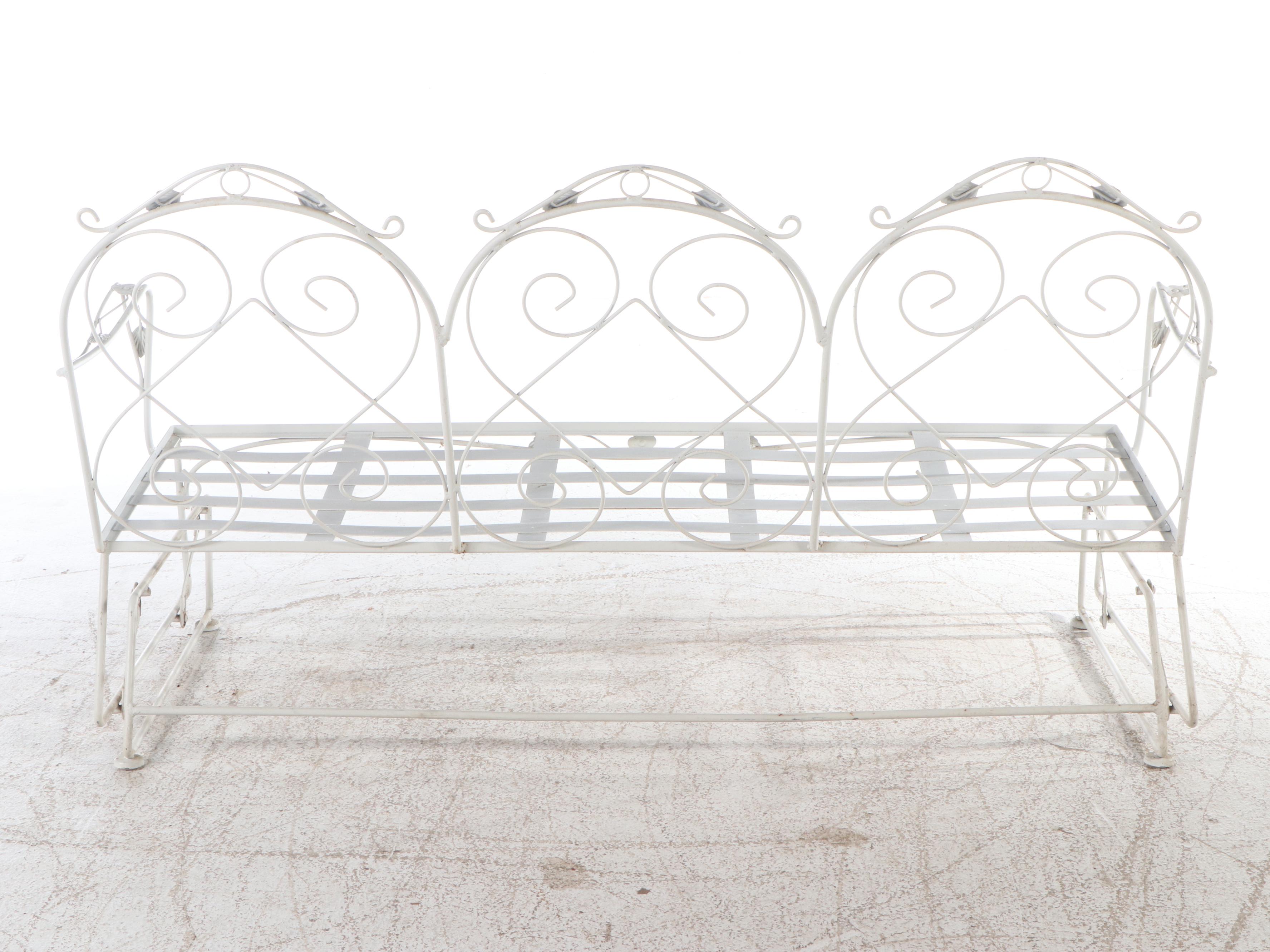 White-Painted Wrought Iron Patio Glider and Glass Top Side Table