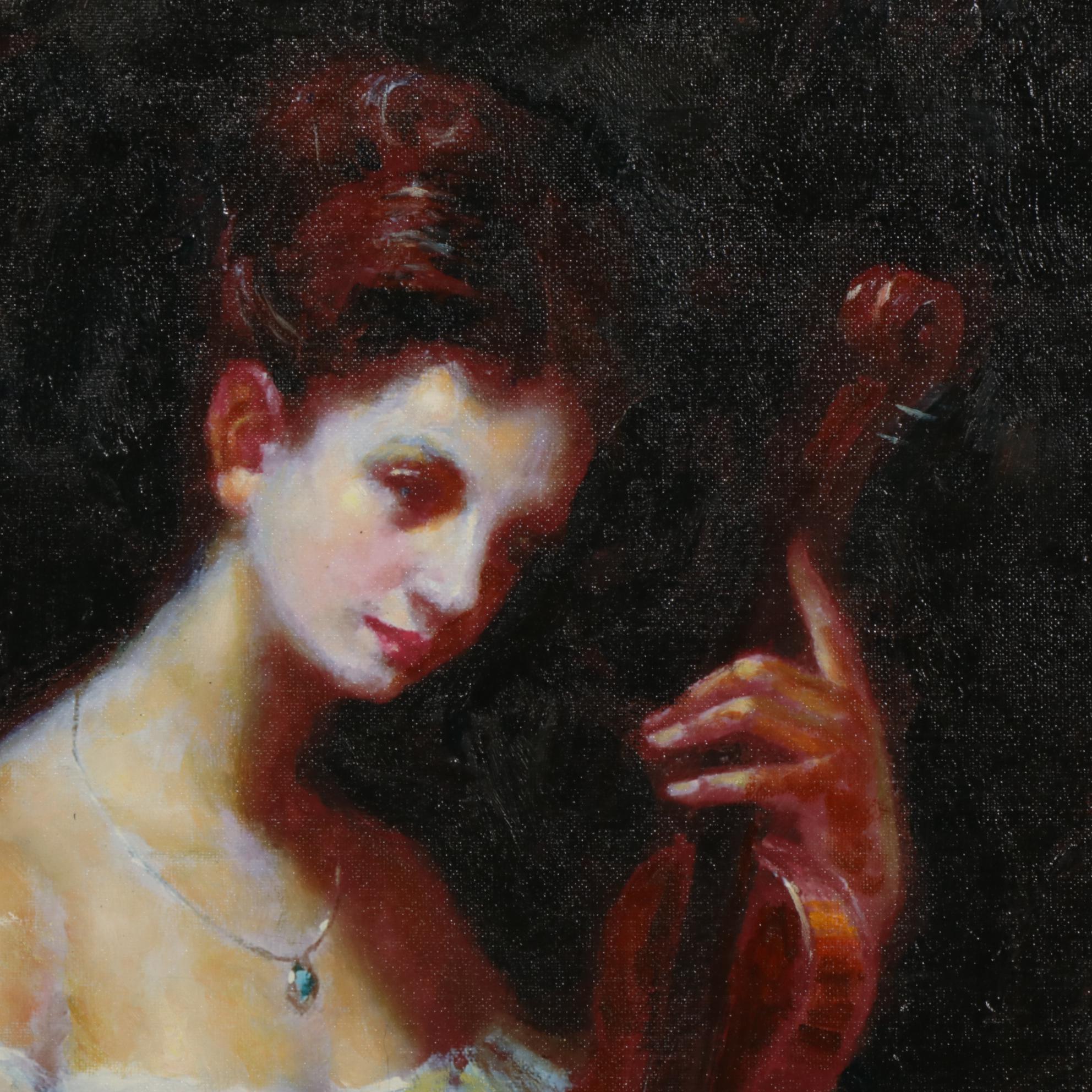 Oil Portrait of Pensive Woman with Violin, Late 20th to Early 21st Century