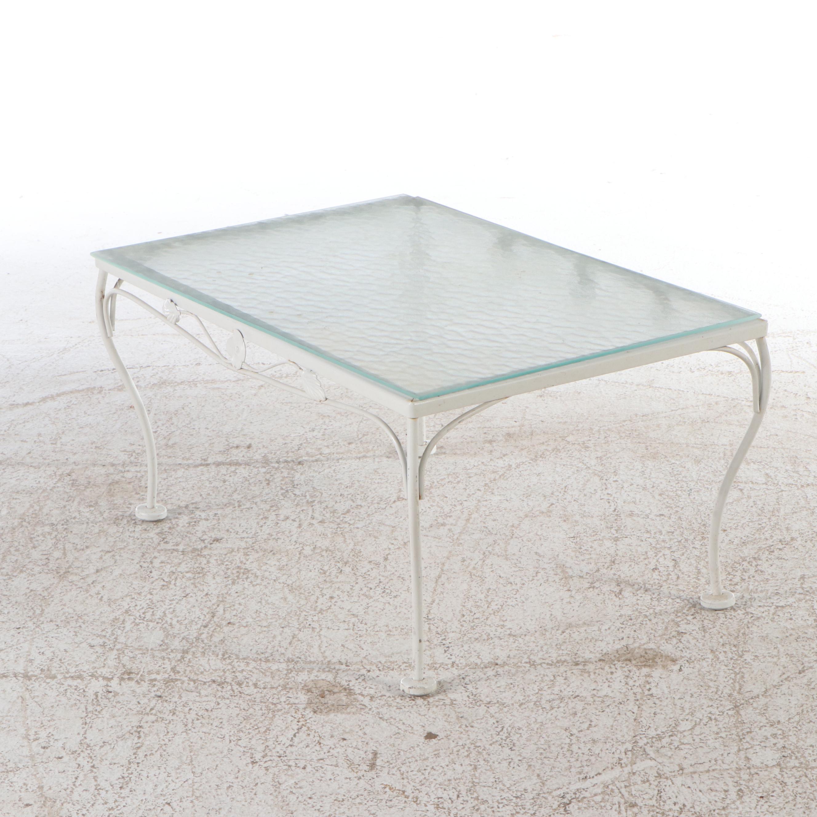 White-Painted Wrought Iron Patio Glider and Glass Top Side Table