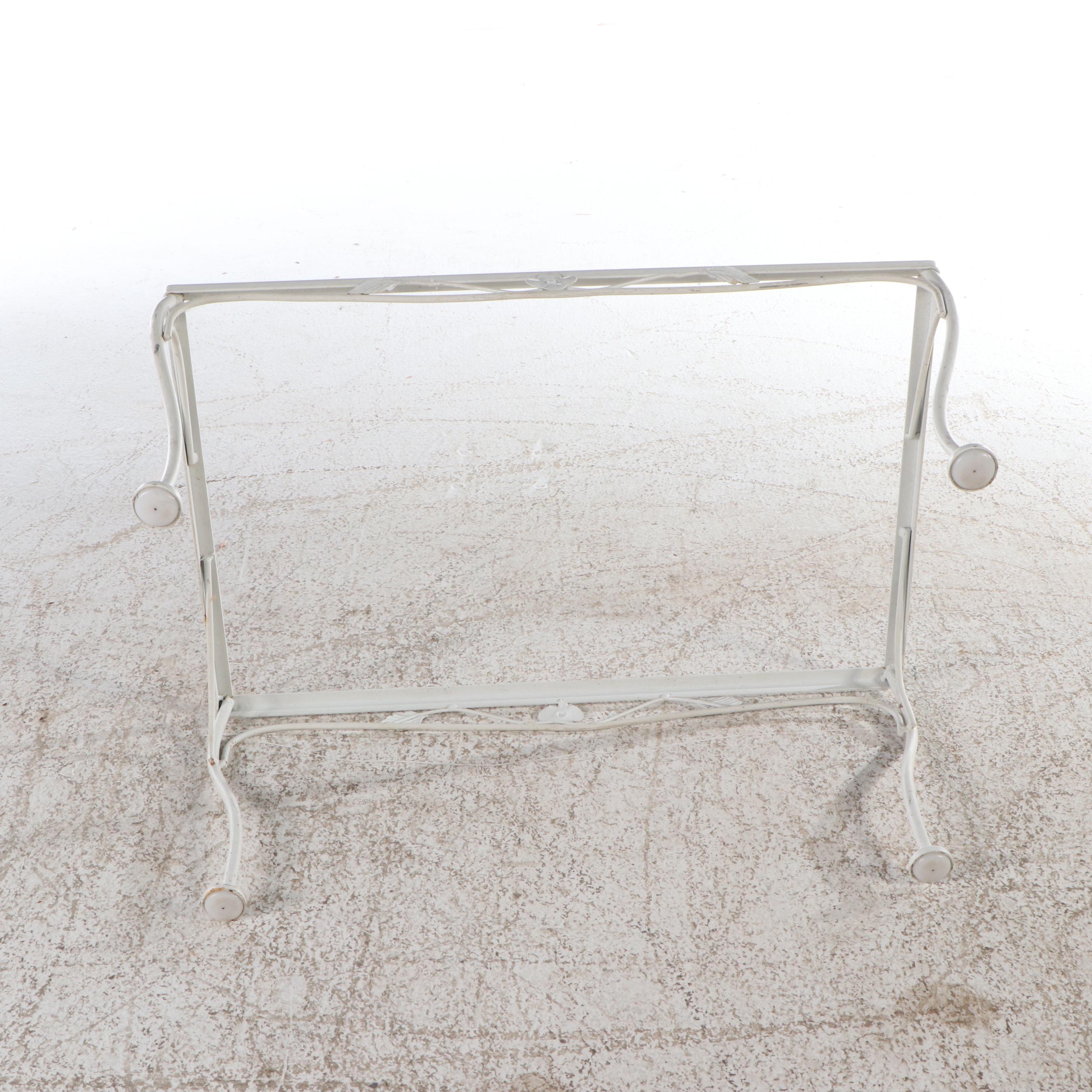 White-Painted Wrought Iron Patio Glider and Glass Top Side Table