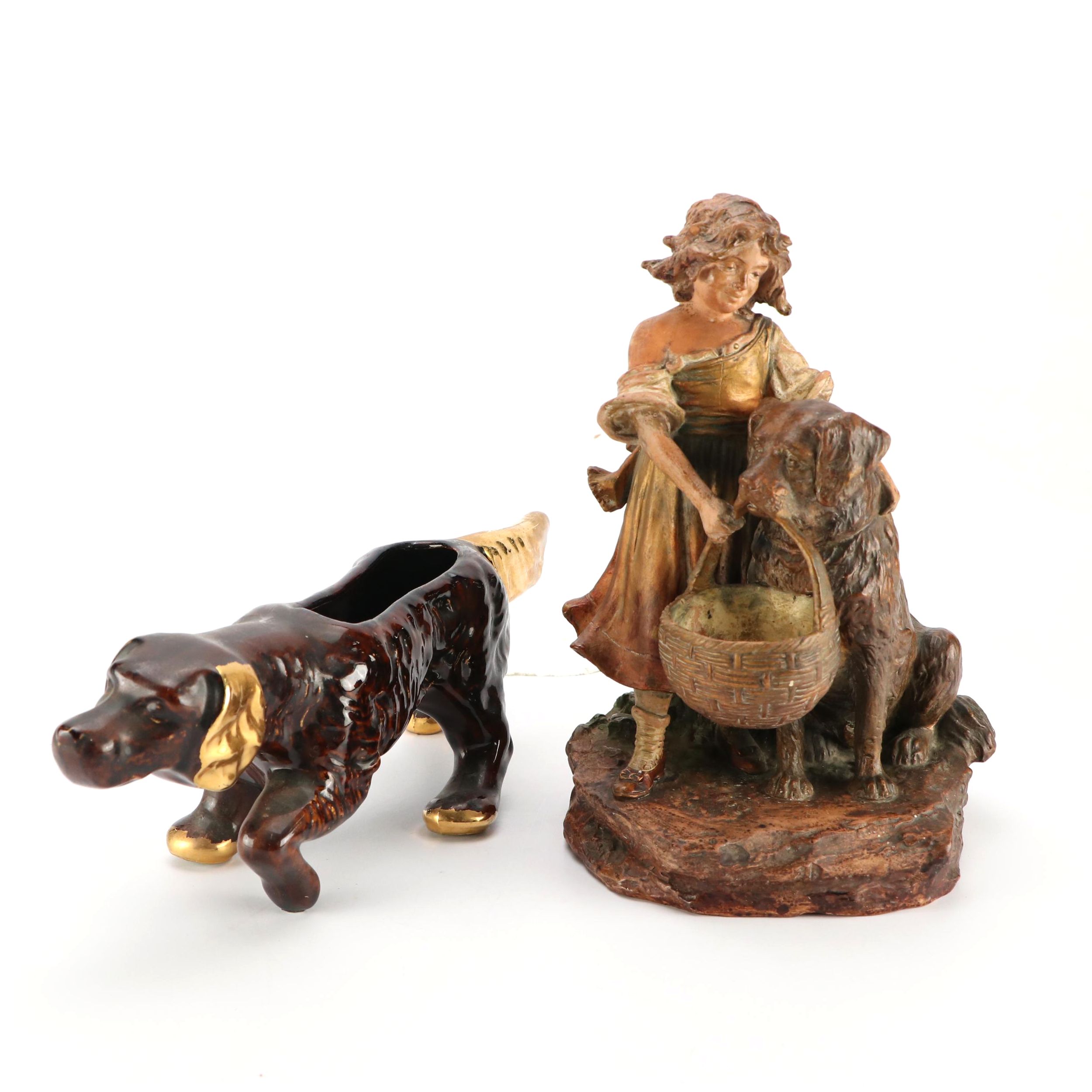 McCoy Pottery Pointer Dog Planter with Other Art Nouveau Style Figurine