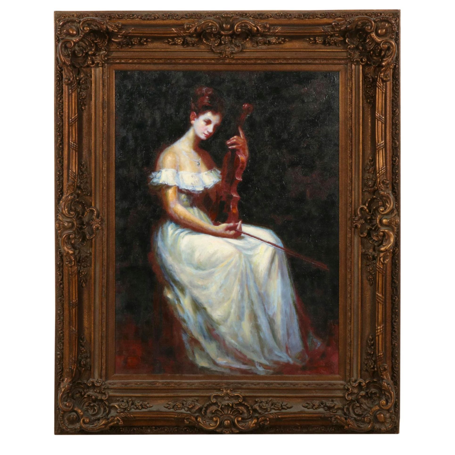 Oil Portrait of Pensive Woman with Violin, Late 20th to Early 21st Century