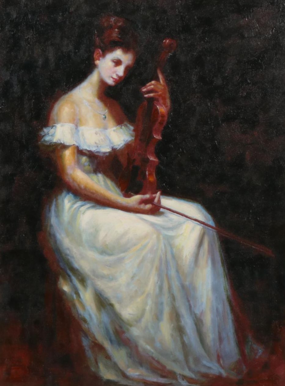 Oil Portrait of Pensive Woman with Violin, Late 20th to Early 21st Century