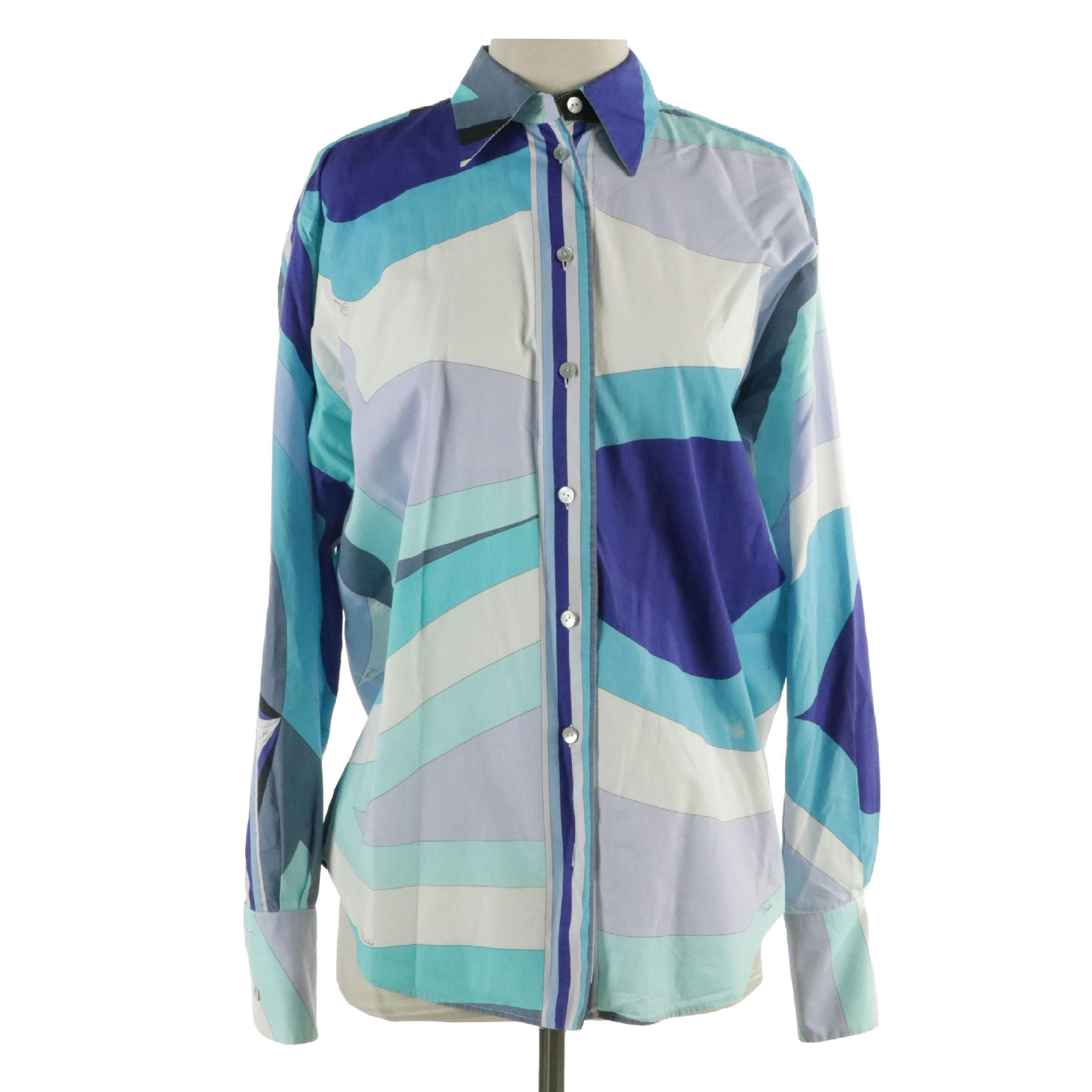 Emilio Pucci Blue Cotton Button-Up Blouse, 2000s