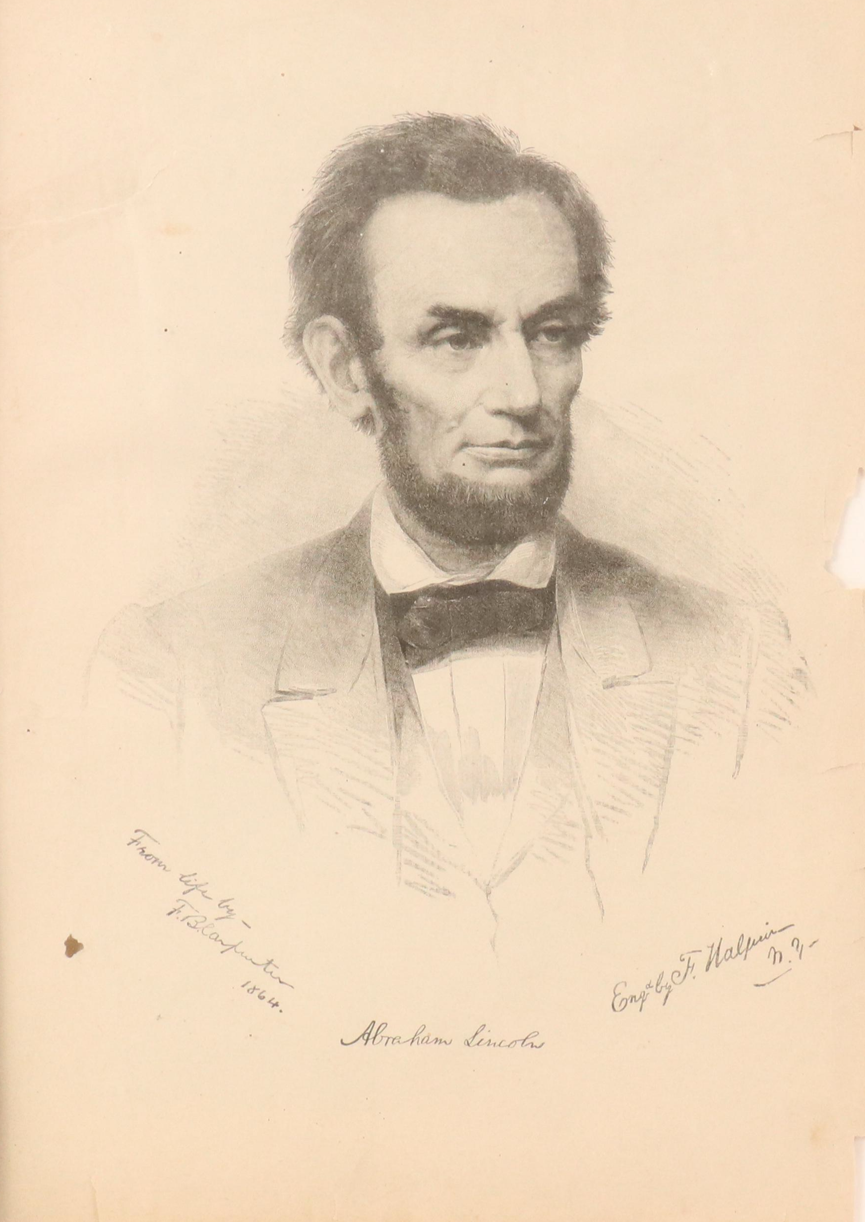 Stipple Engraving "Abraham Lincoln" Portrait After Francis Bicknell Carpenter