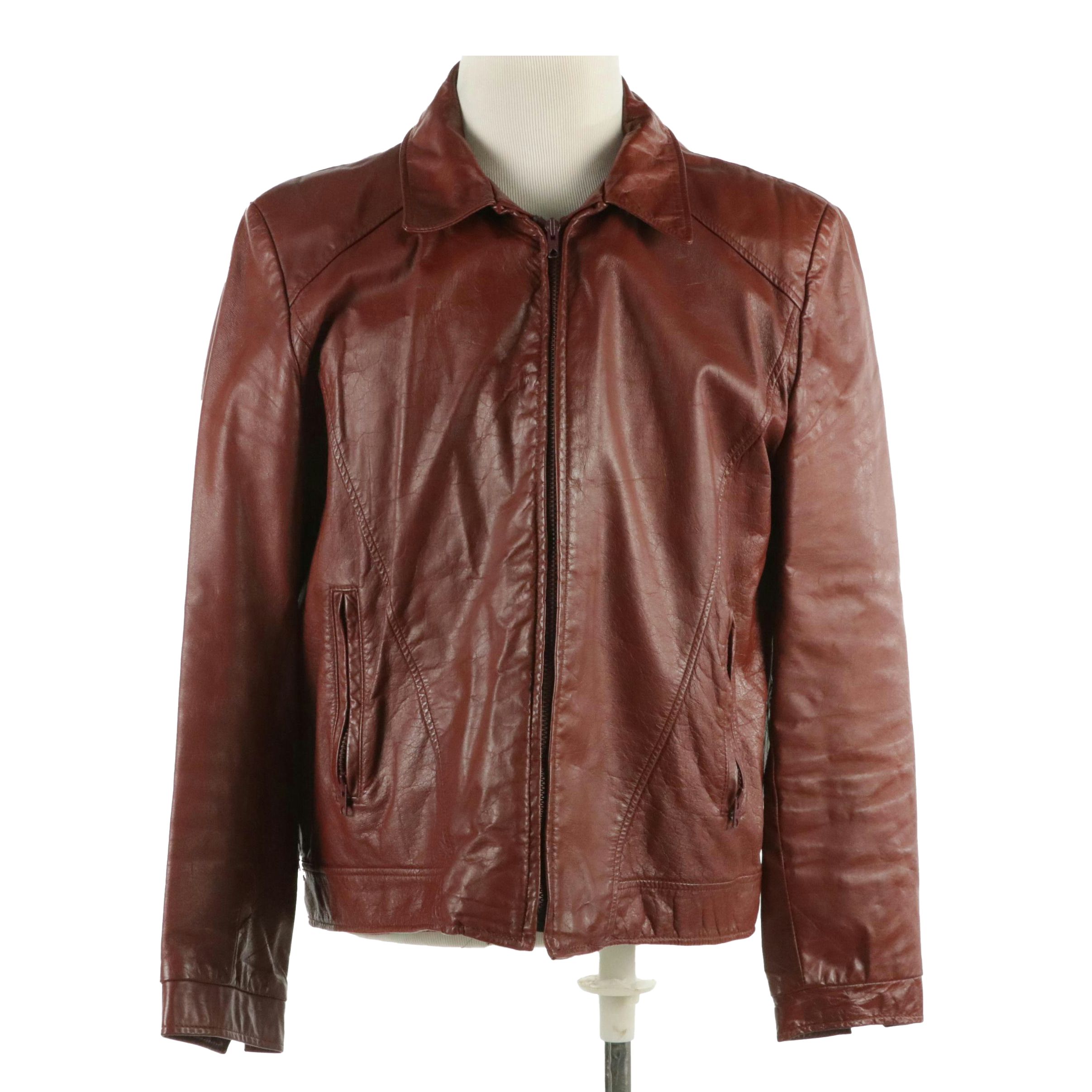 Men's London Fog Leather Zip Jacket with Wool Blend Plaid Detachable Lining