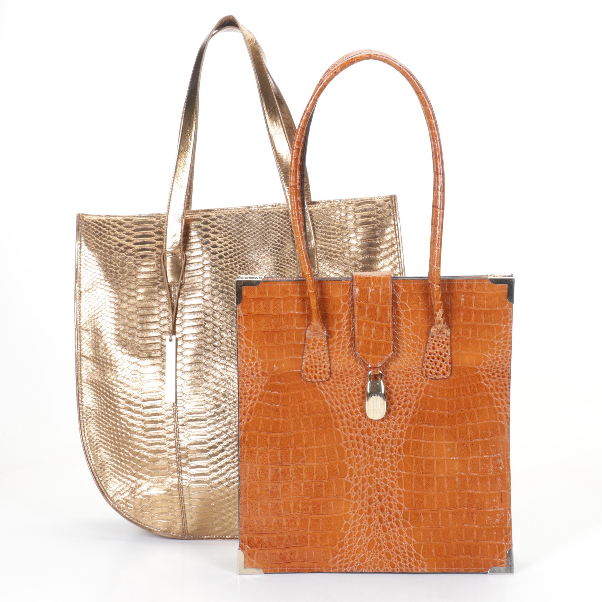 Croc Embossed Brown Leather Shoulder Bag with Gold PVC Tote by Devi Kroell