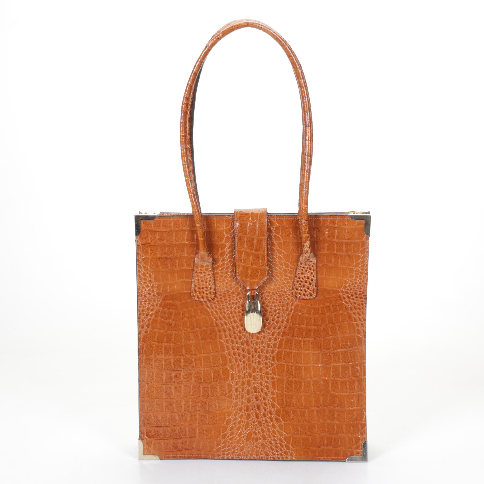 Croc Embossed Brown Leather Shoulder Bag with Gold PVC Tote by Devi Kroell