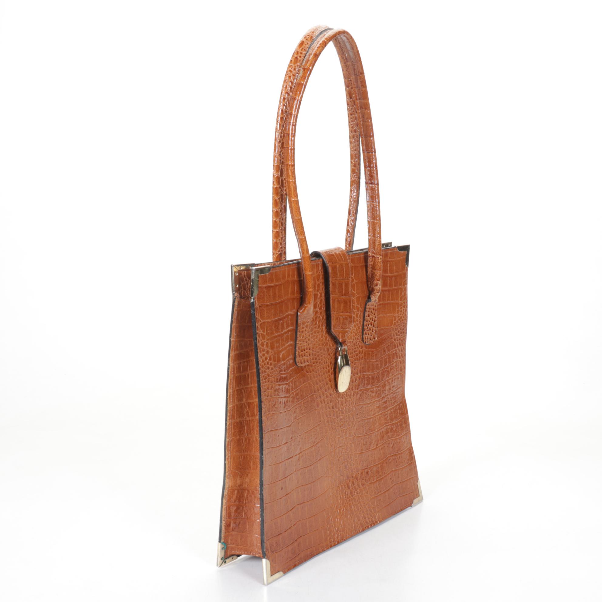 Croc Embossed Brown Leather Shoulder Bag with Gold PVC Tote by Devi Kroell