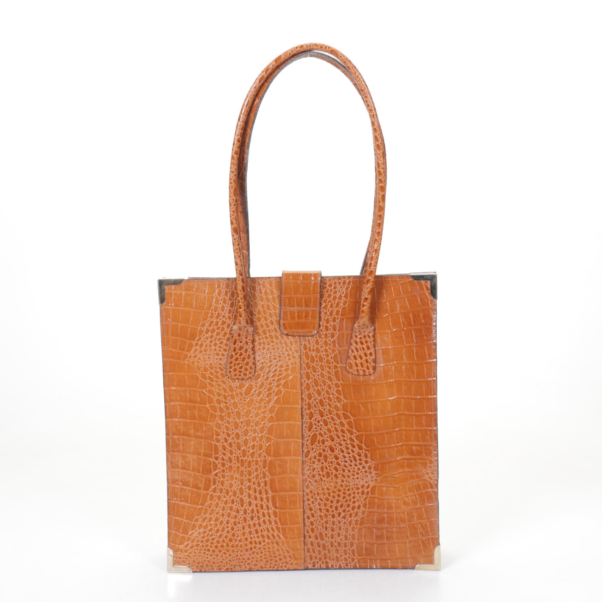 Croc Embossed Brown Leather Shoulder Bag with Gold PVC Tote by Devi Kroell