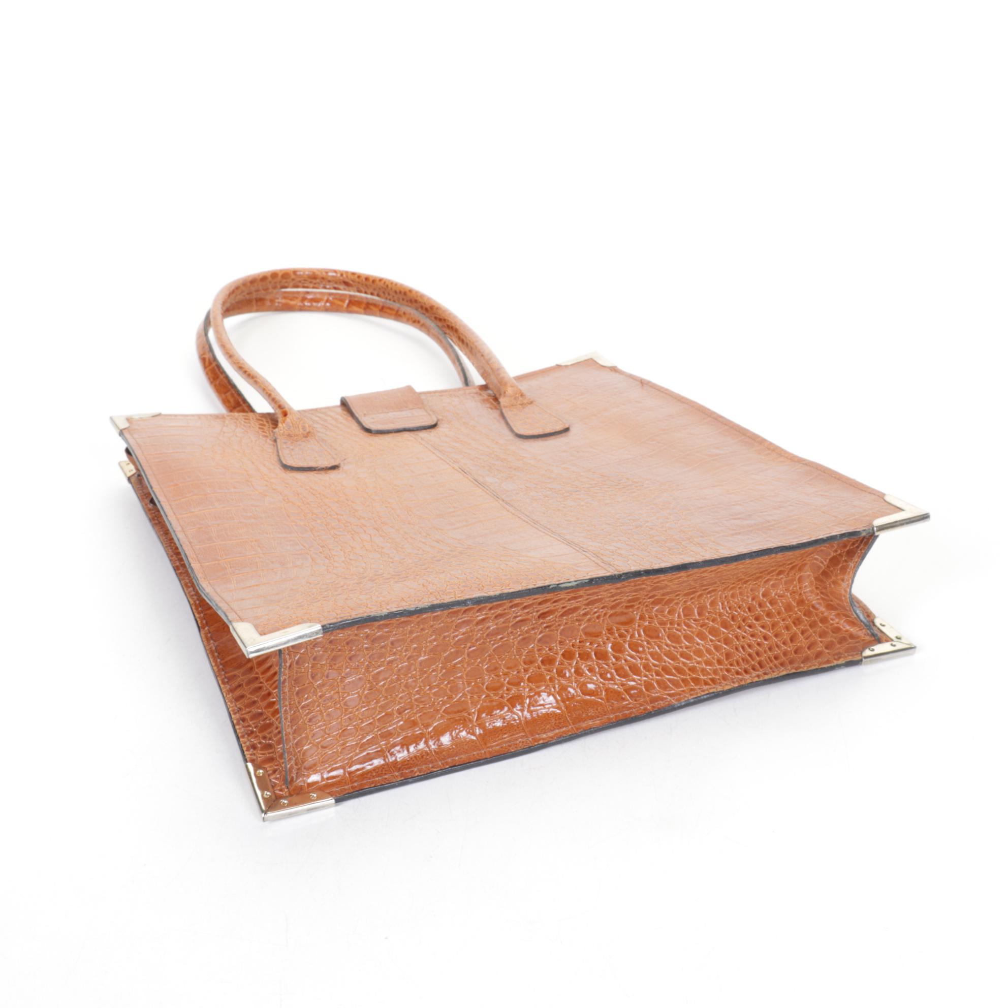 Croc Embossed Brown Leather Shoulder Bag with Gold PVC Tote by Devi Kroell