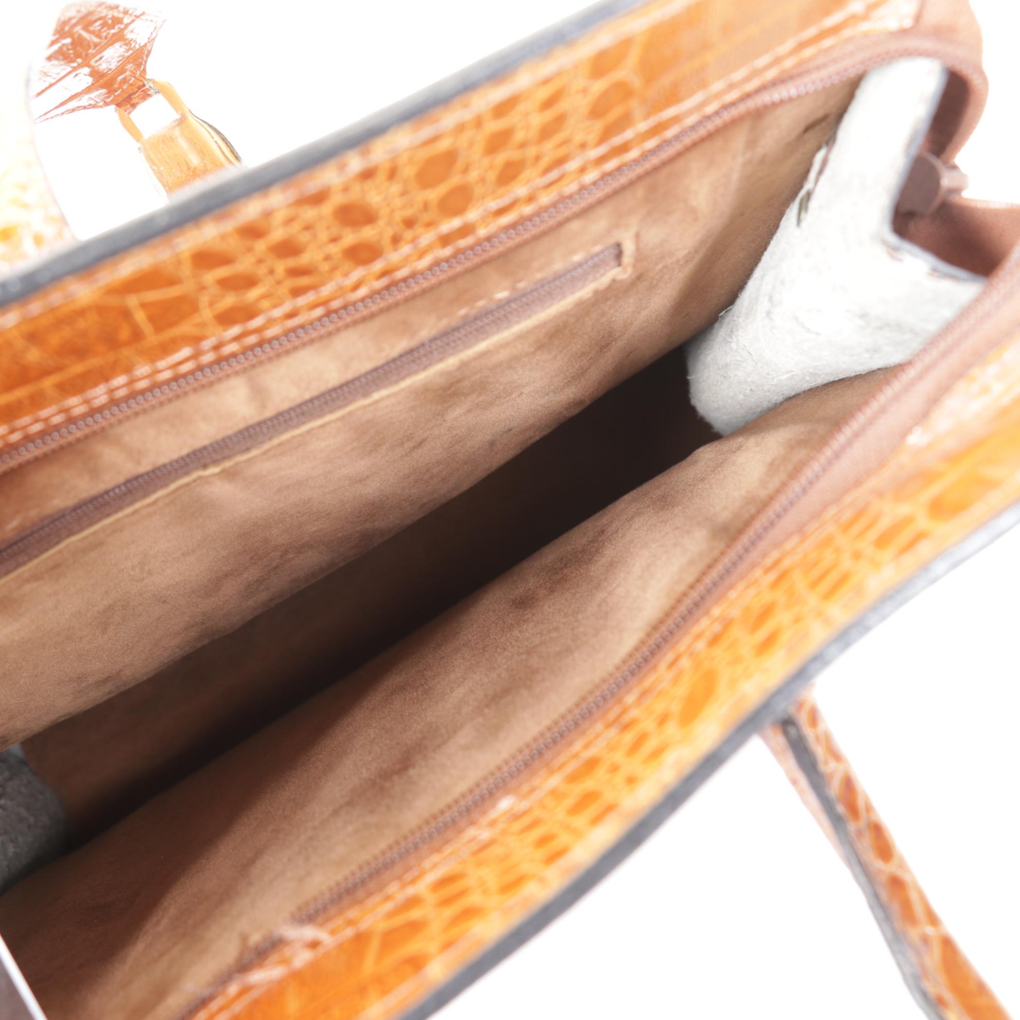 Croc Embossed Brown Leather Shoulder Bag with Gold PVC Tote by Devi Kroell