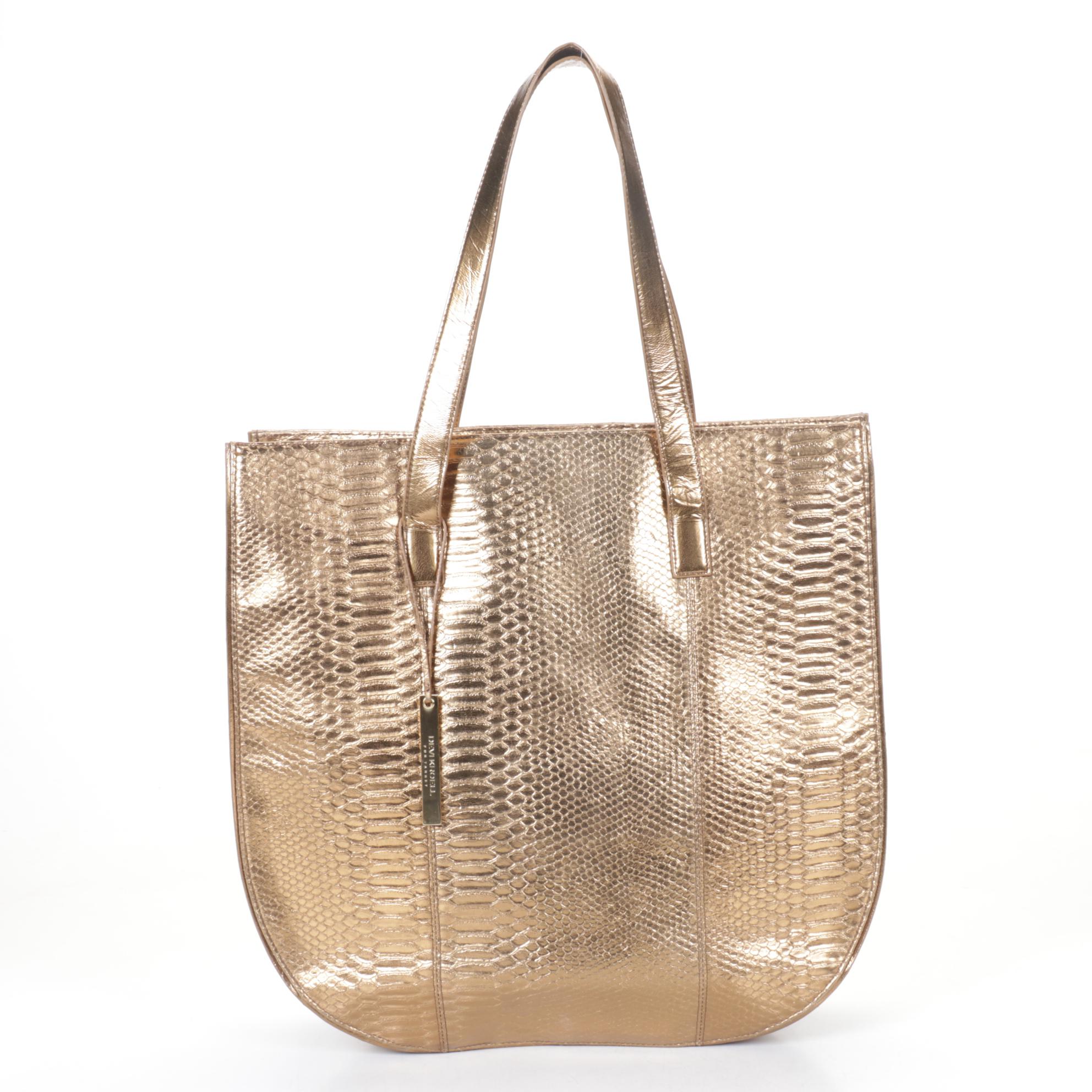 Croc Embossed Brown Leather Shoulder Bag with Gold PVC Tote by Devi Kroell