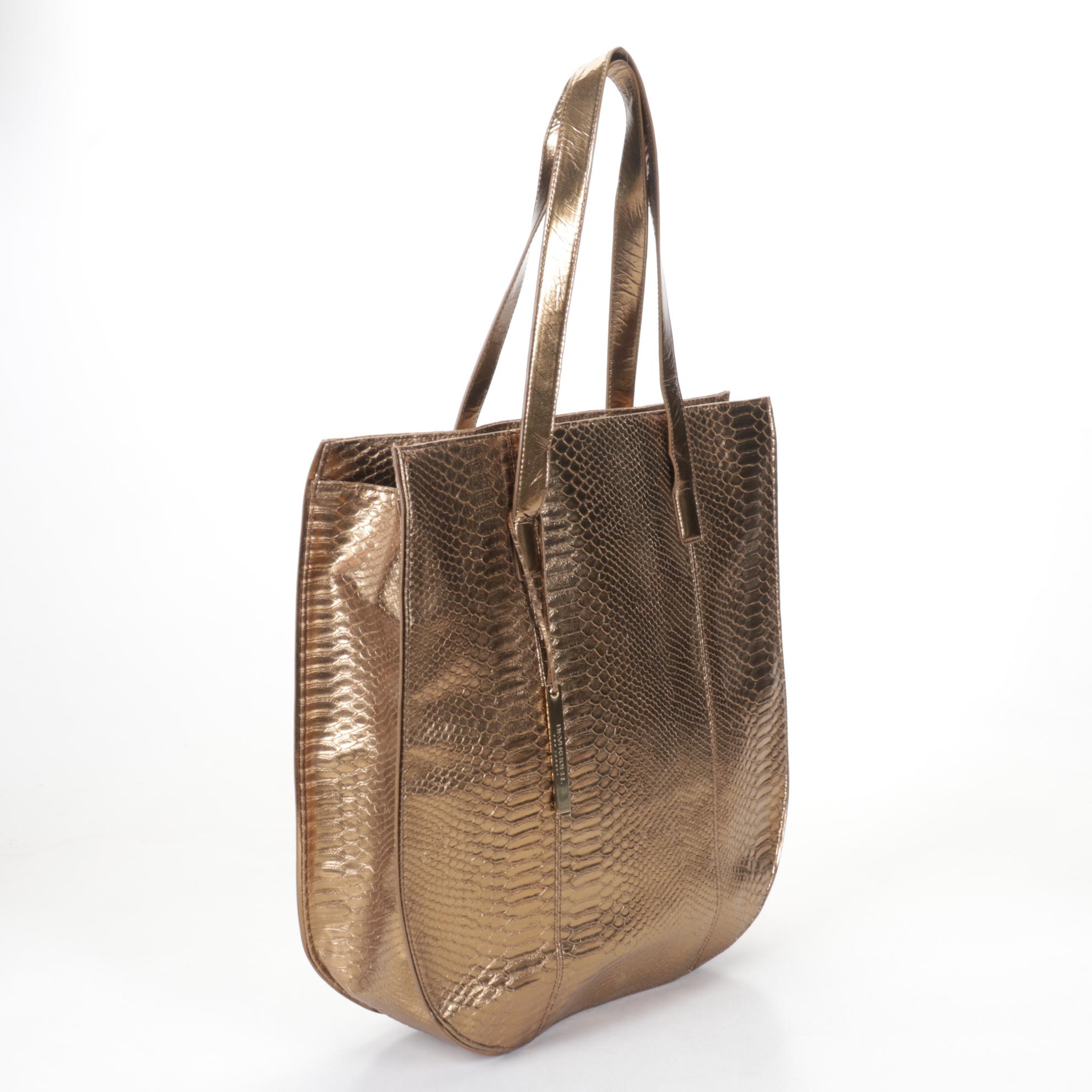Croc Embossed Brown Leather Shoulder Bag with Gold PVC Tote by Devi Kroell
