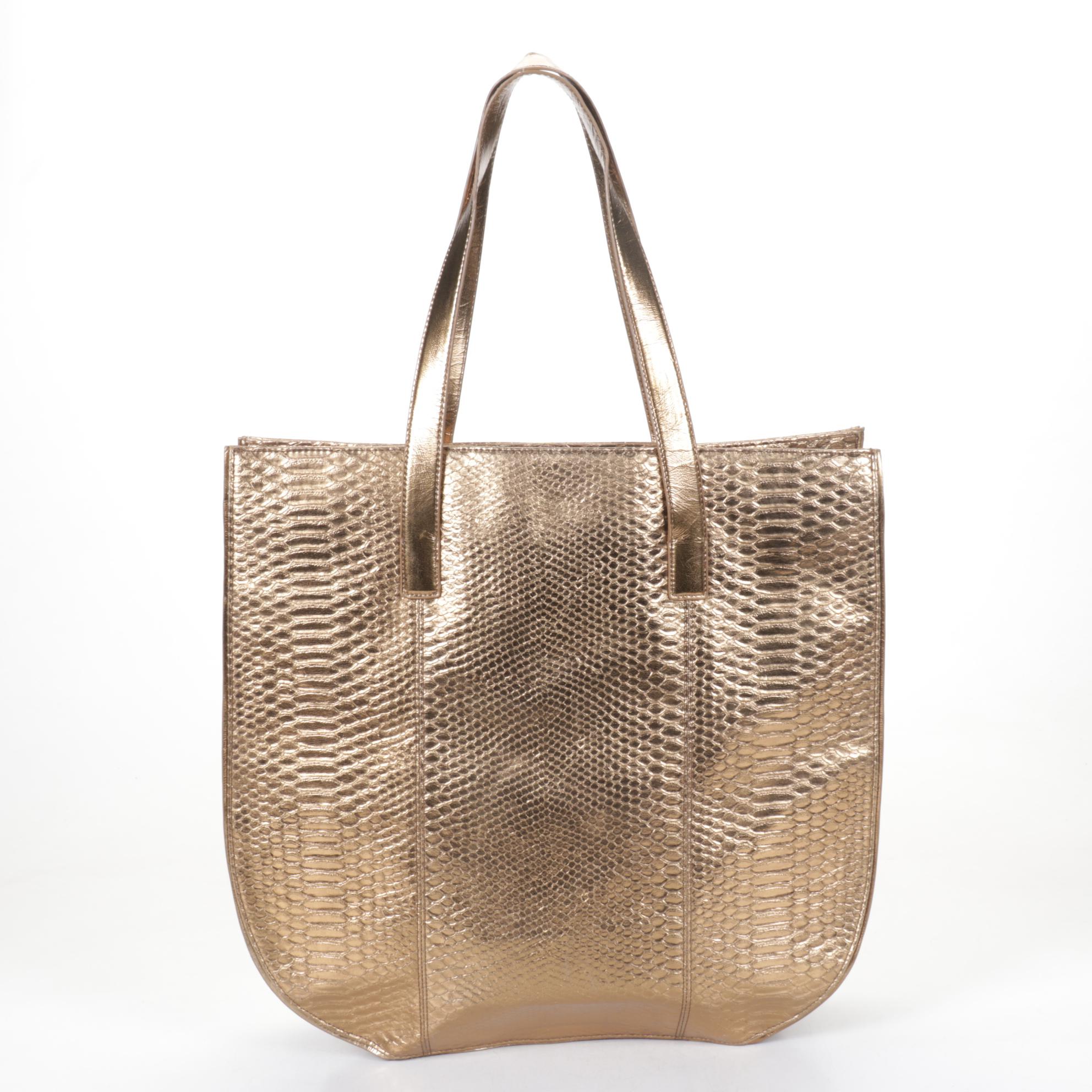 Croc Embossed Brown Leather Shoulder Bag with Gold PVC Tote by Devi Kroell