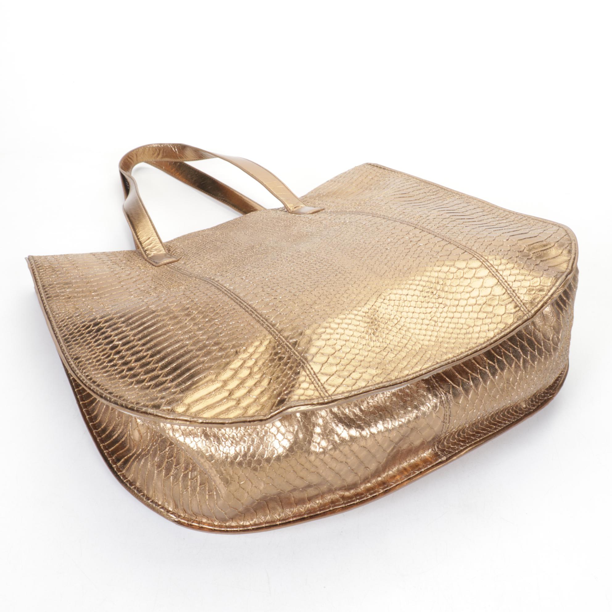 Croc Embossed Brown Leather Shoulder Bag with Gold PVC Tote by Devi Kroell