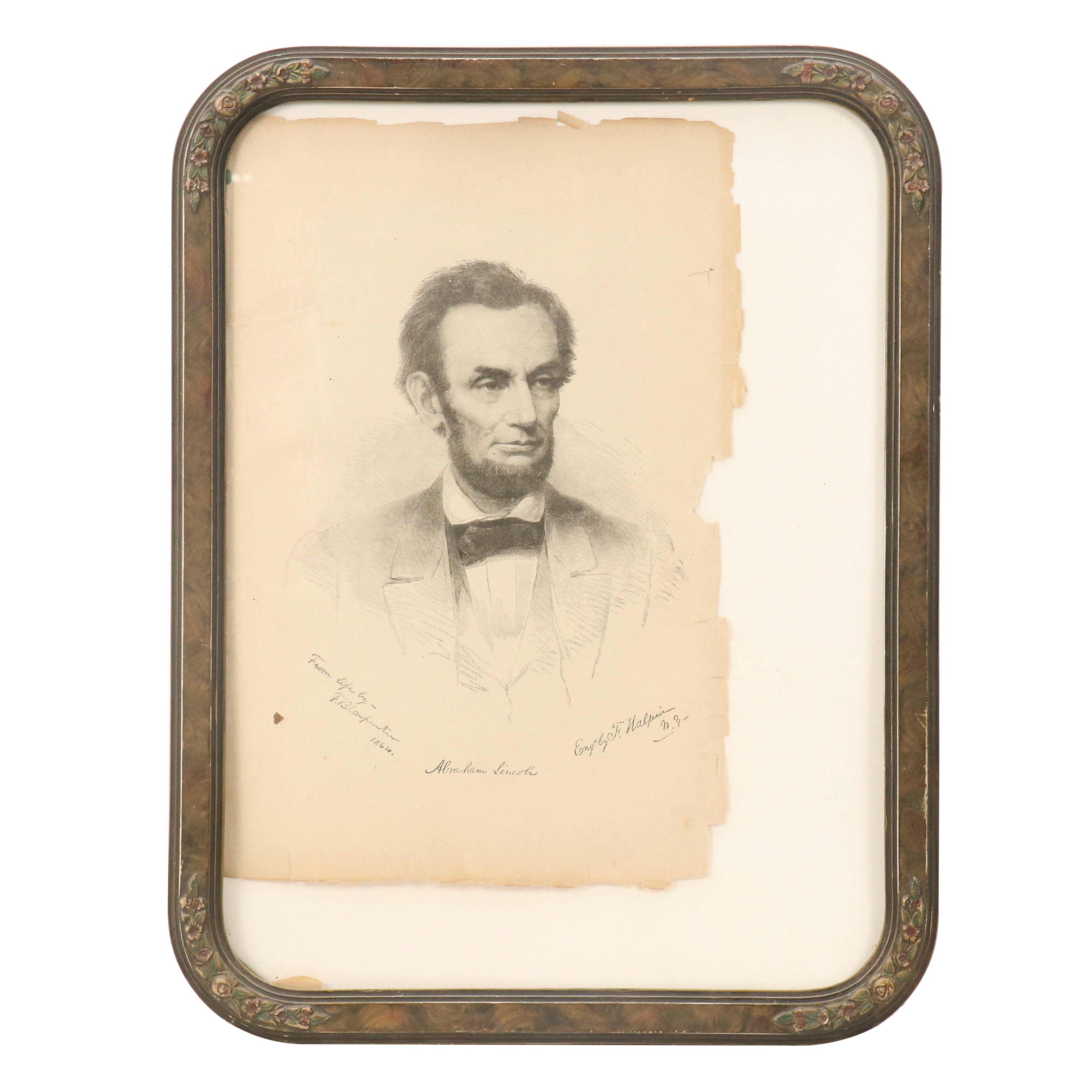 Stipple Engraving "Abraham Lincoln" Portrait After Francis Bicknell Carpenter