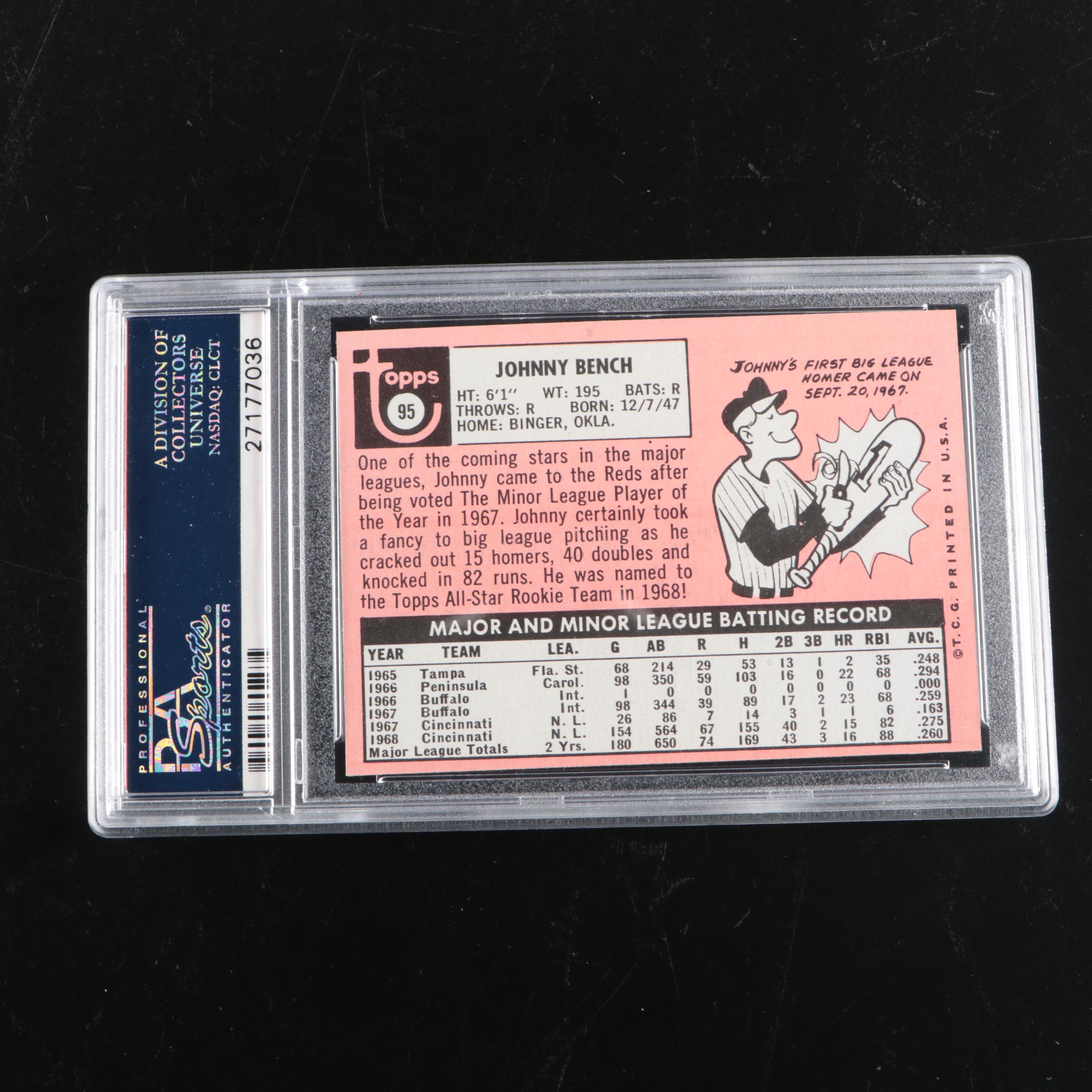1969 Topps Johnny Bench Cincinnati Reds All-Star Rookie Card Graded PSA 8