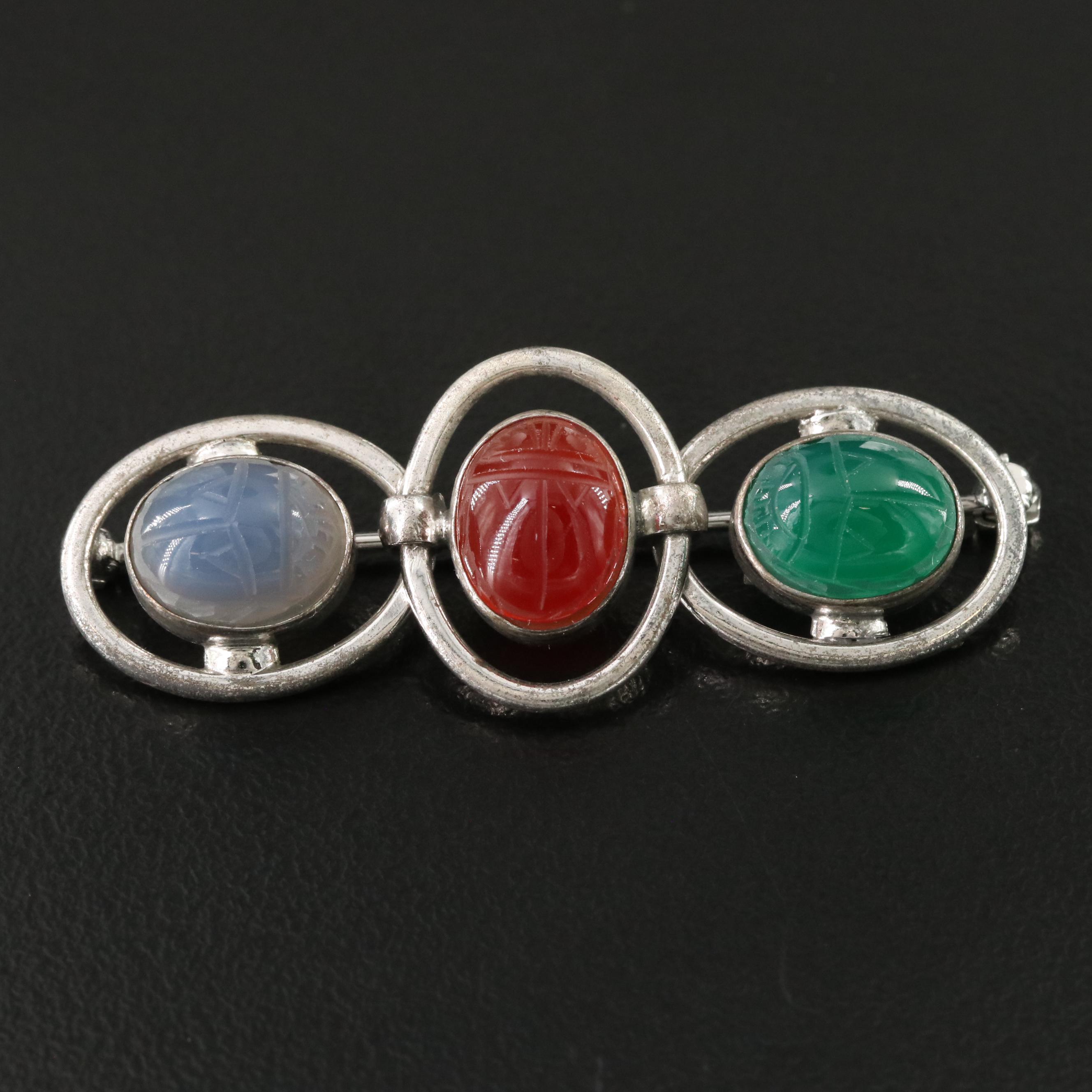 Harry S. Bick Sterling Carnelian and Chalcedony Scarab Brooch