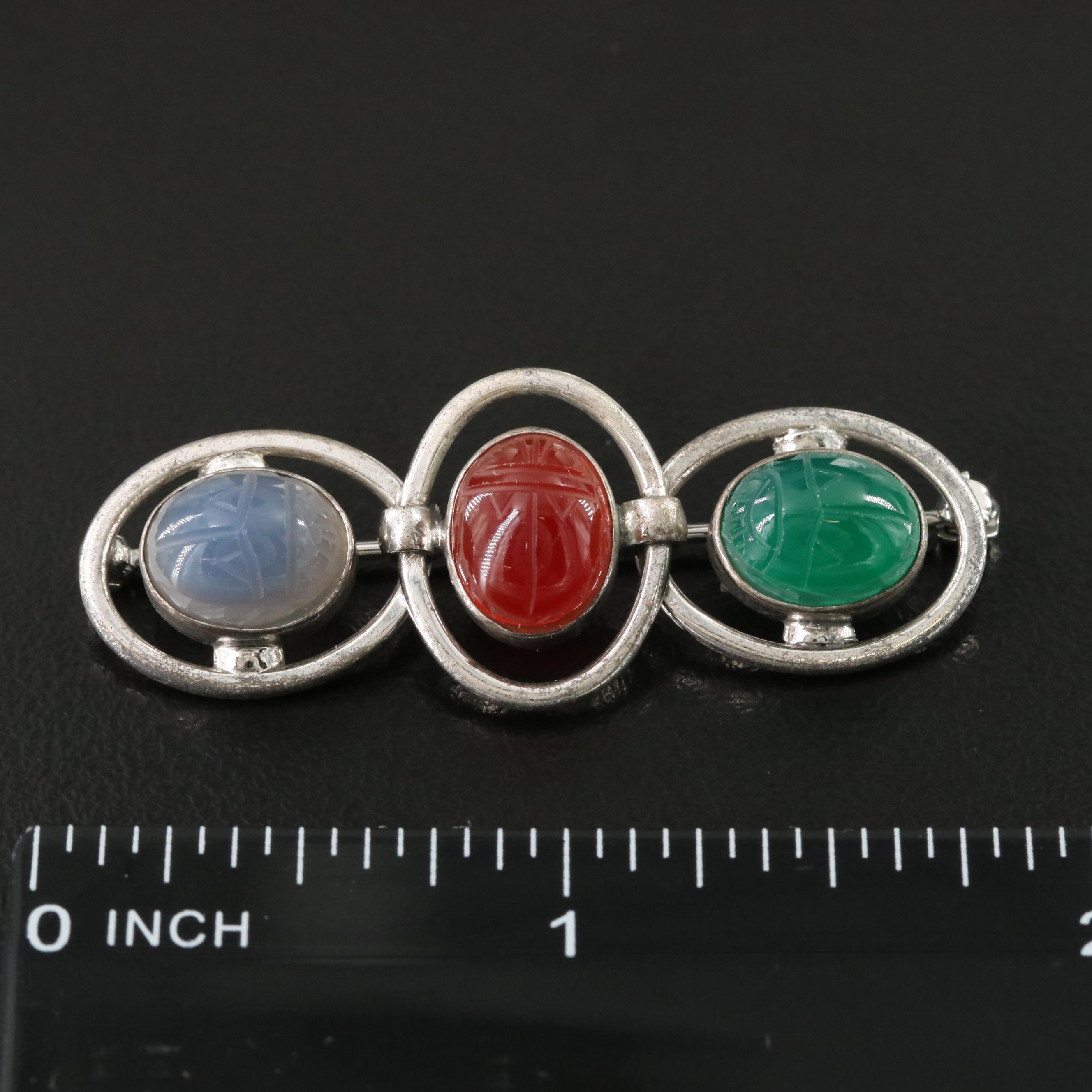 Harry S. Bick Sterling Carnelian and Chalcedony Scarab Brooch
